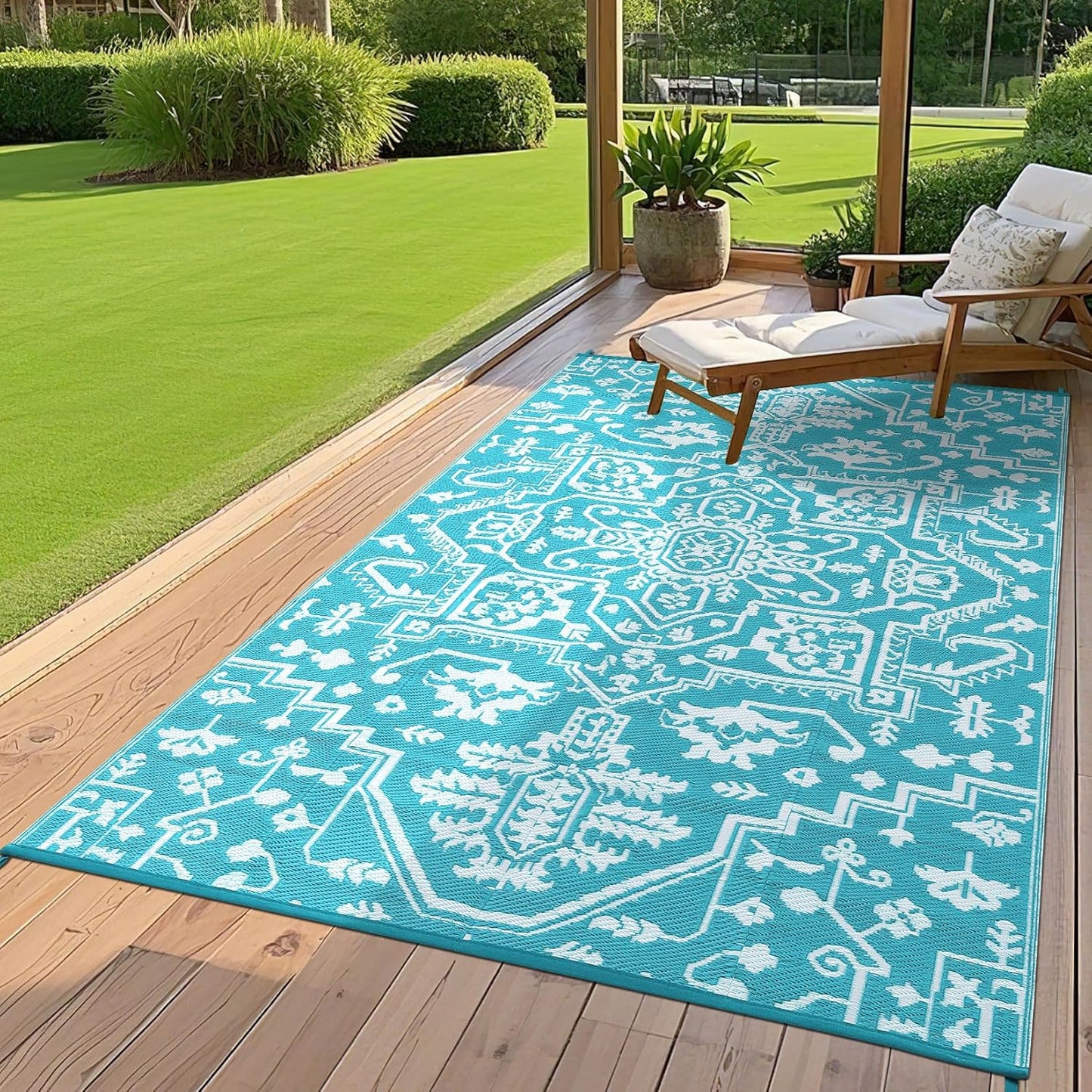 Outdoor Rug 8x10 Waterproof Reversible Plastic Straw Mat, UV-Resistant Vintage Medallion Camping Carpet for Patio, Deck, Balcony, Picnic, Large Outside Floor Mat, Light Blue/White