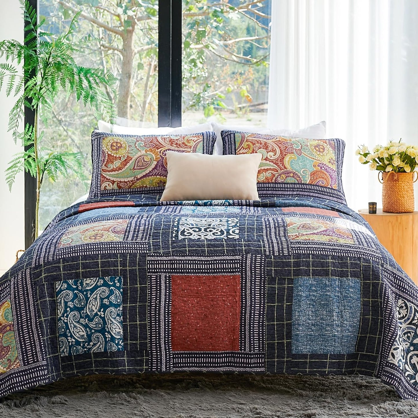 Secgo Queen Comforter Set for Bed - 100% Cotton Quilts Queen Size, Black Bedspreads (90 * 98 Inch) with 2 Pillow Shams, Patchwork Reversible Lightweight Bedding