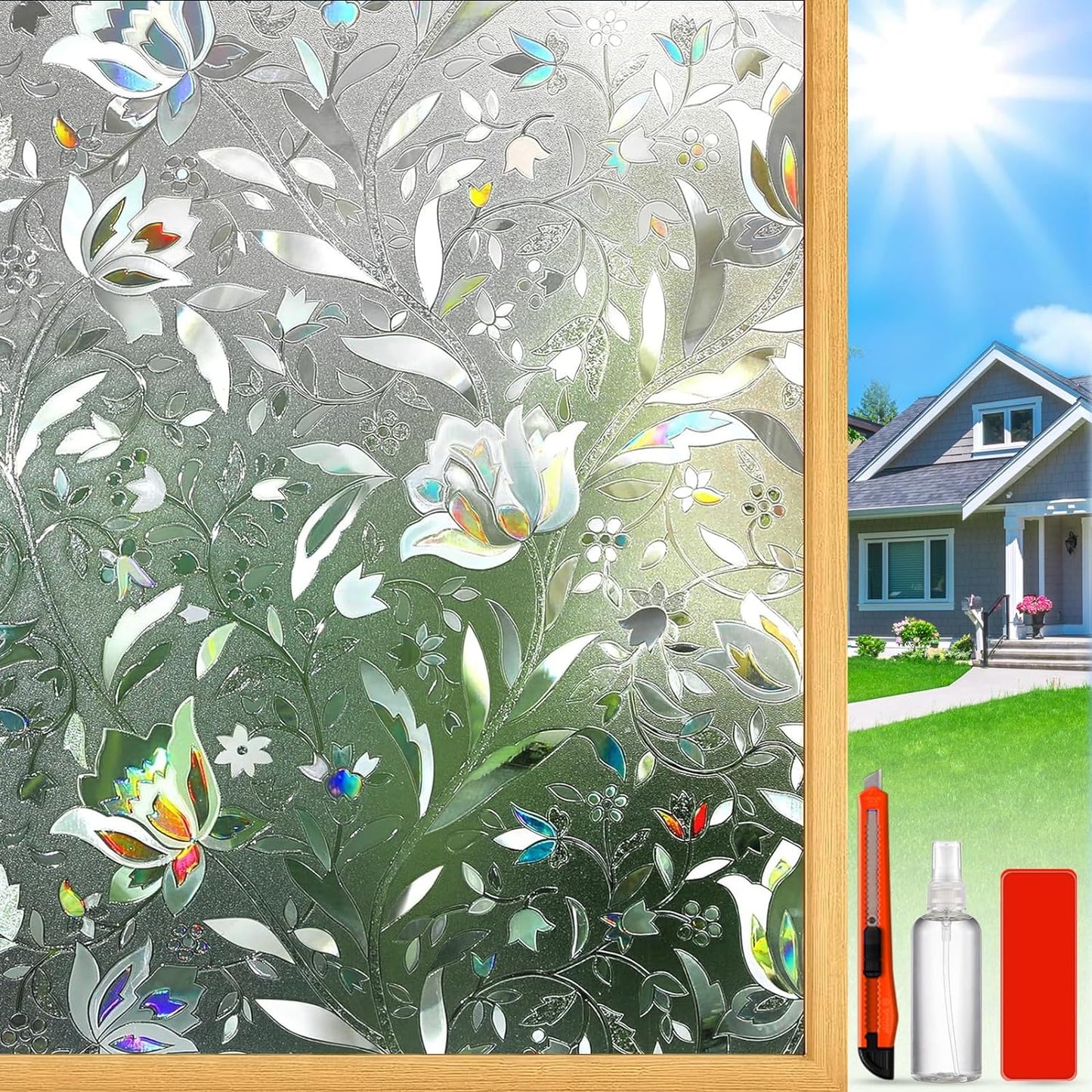 Rainbow Window Privacy Film Decorative, Stained Glass Window Tint for Home, 3D Decals Window Clings for Glass Windows, Static Cling Window Sticker, Suncatcher Window Cover,45.2" by 78.74"