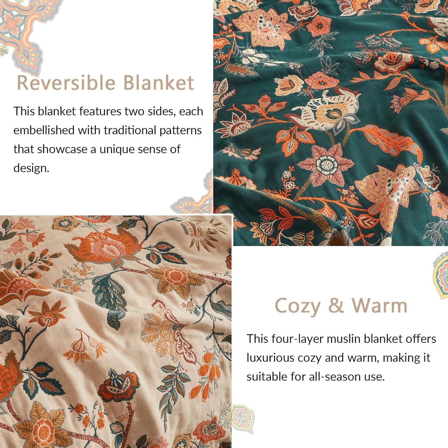 Boho Throw Blanket for Couch Sofa Bed, 100% Cotton Woven Quilt with Tassel 80”x90”, Super Soft Muslin Blanket with Floral Printed, Decorative Reversible Bed Blanket/Cover for All Seasons