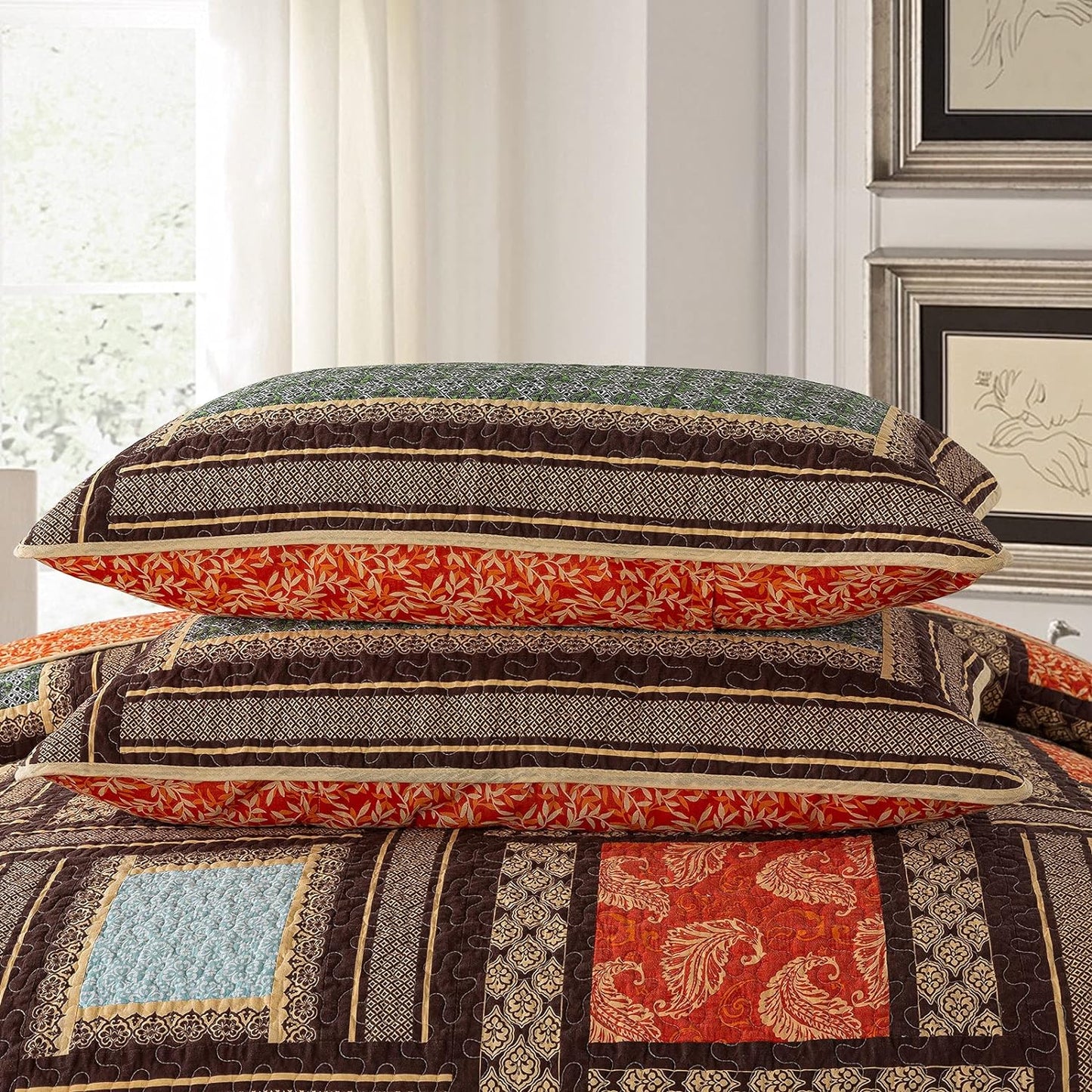 NEWLAKE Cotton Patchwork Bedspread, 3-Piece Bedding Quilt Set with Real Stitched Embroidery, Reversible Matelasse Bed Coverlet Set,Bohemian Farmhouse,King Size