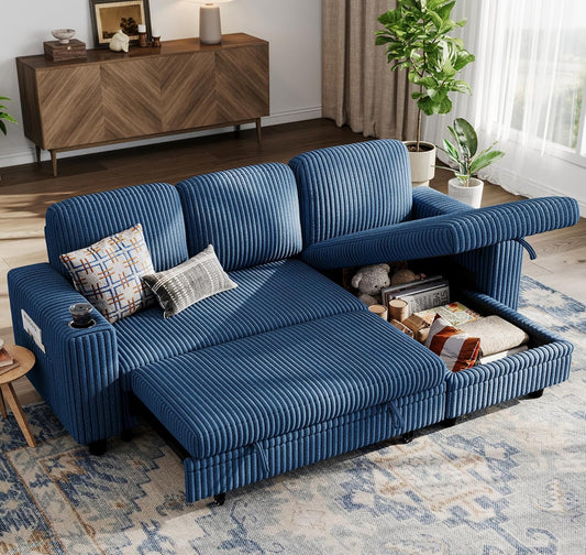 LINSY HOME Sectional Sleeper Sofa with Pull Out Couch Bed - Convertible Plush Corduroy Cloud Couch with Storage Chaise & USB Charging, Comfy L Shaped Modular Couches for Living Room Apartment, Blue