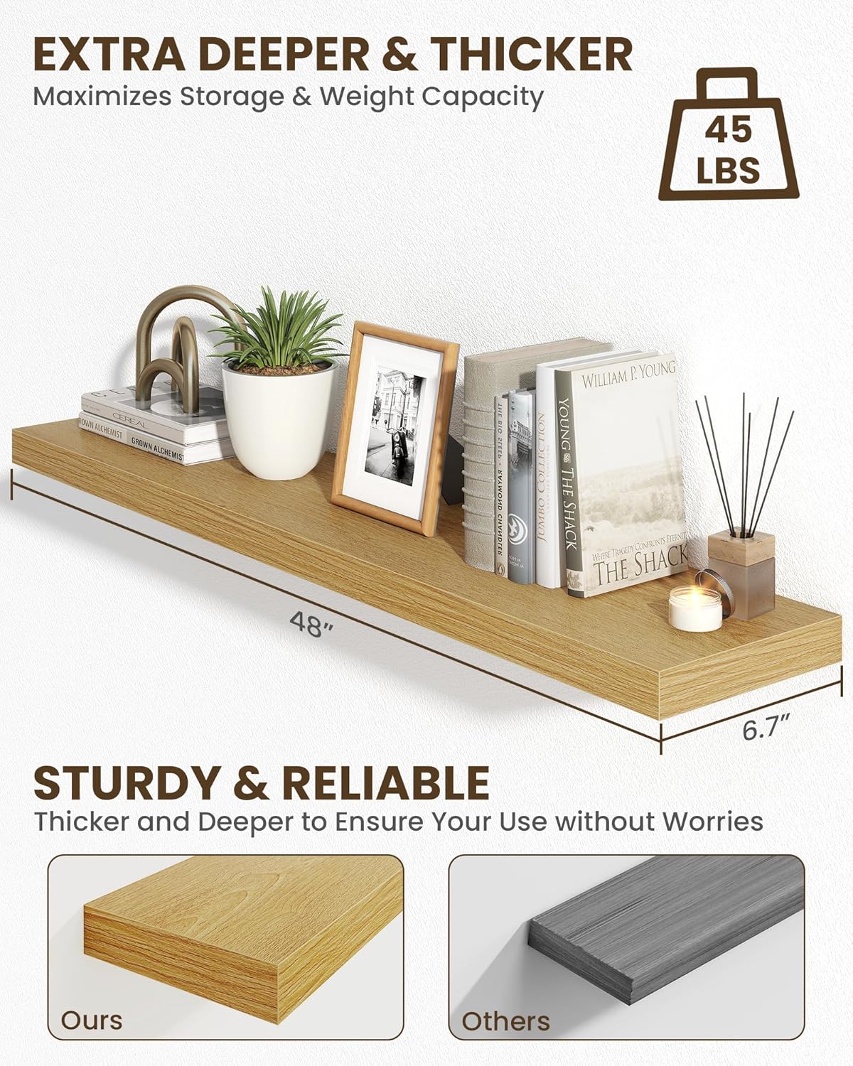 Marsmiles 48" Floating Shelves for Wall, Wooden Shelves with Invisible Brackets Set of 2, Rustic Farmhouse Wall Mounted Shelf for Kitchen Bathroom Living Room Study, Natural Oak