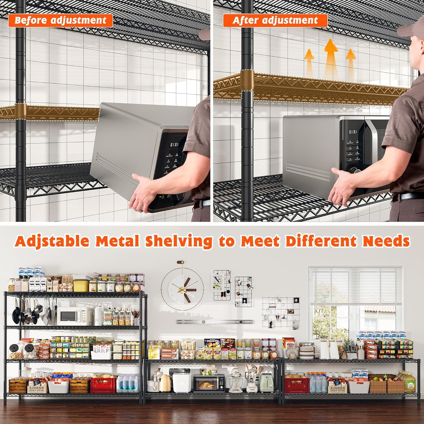 REIBII 60" W Storage Shelves 2878LBS Wire Shelving Unit with Wheels Heavy Duty Metal Shelving Adjustable Metal Shelves for Pantry,Kitchen,Garage,Basement,Business,Warehouse,60”W ×24”D×65.3”H