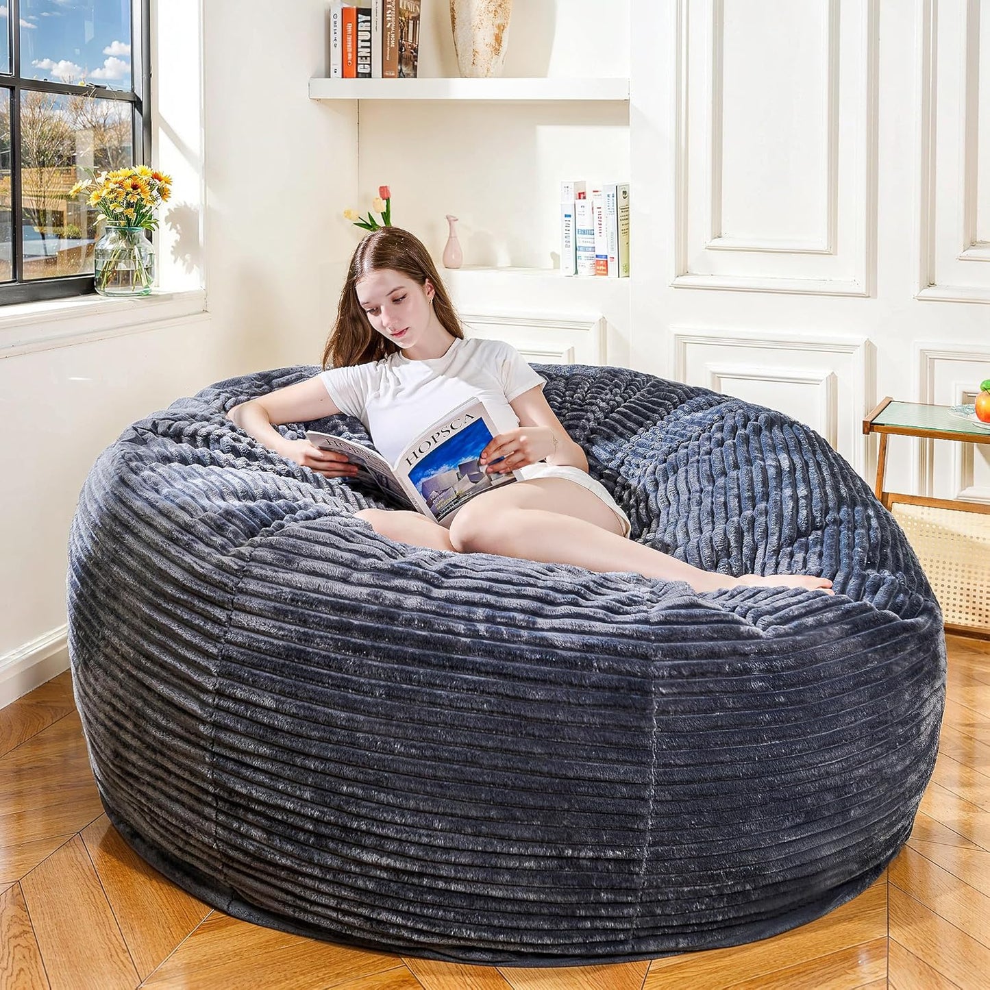 Large Bean Bag Chair, 5FT Giant Beanbag Chairs with Memory Foam Filled, Bean Bag Chairs for Adults, Ultra Soft Lazy Sofa for Living Room Bedroom (Gery)