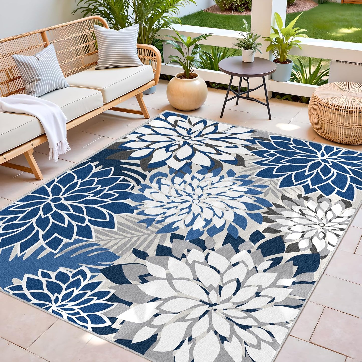 Indoor Outdoor Area Rug Washable Multicolored Patio Rug Tropical Botanical Modern Floral Indoor Outdoor Carpet Blue White Rug Non Slip for Patio, Deck, Backyard, Porch (8x10)