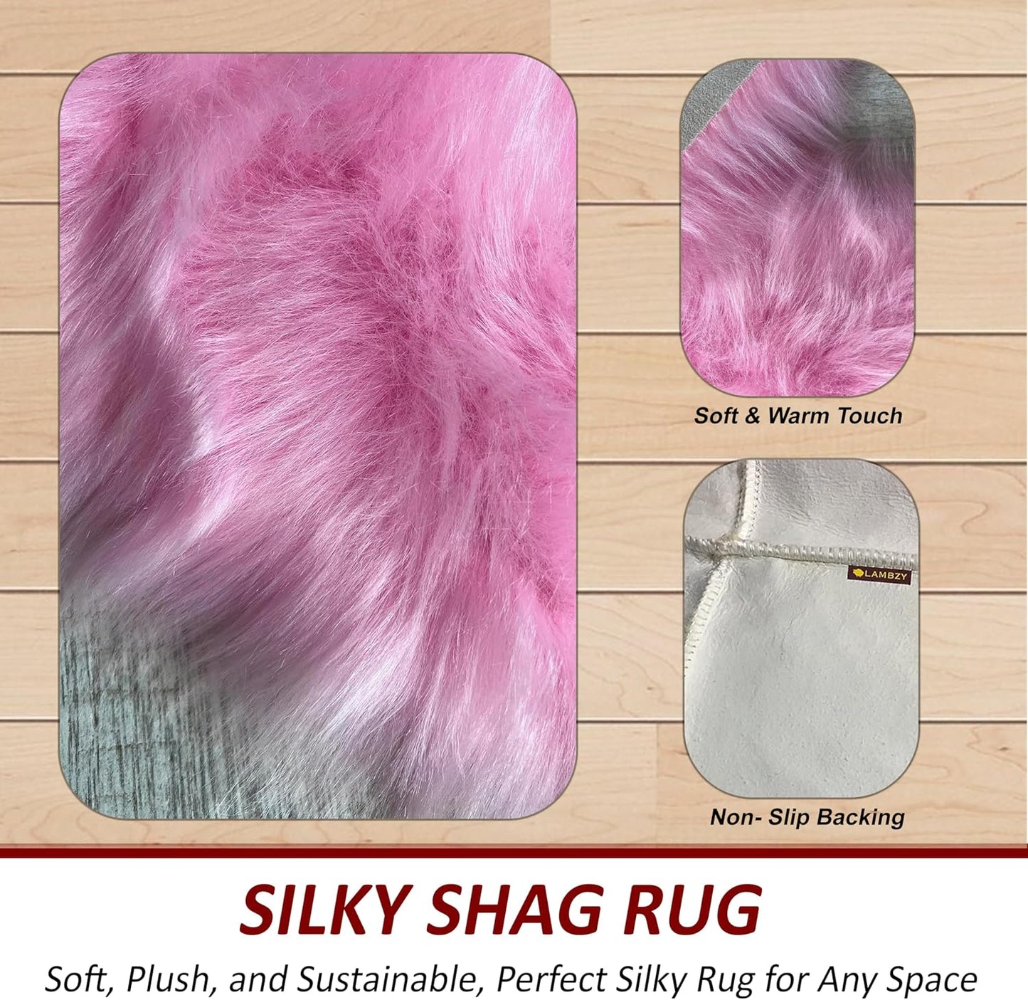 LAMBZY Faux Sheepskin Super Soft Hypoallergenic Free Shape Silky Shag Rug, Luxury Shaggy Plush Carpet for Bedrooms Living Kids Room Sofa Rugs (Pink, Triple Side by Side 3'x6')