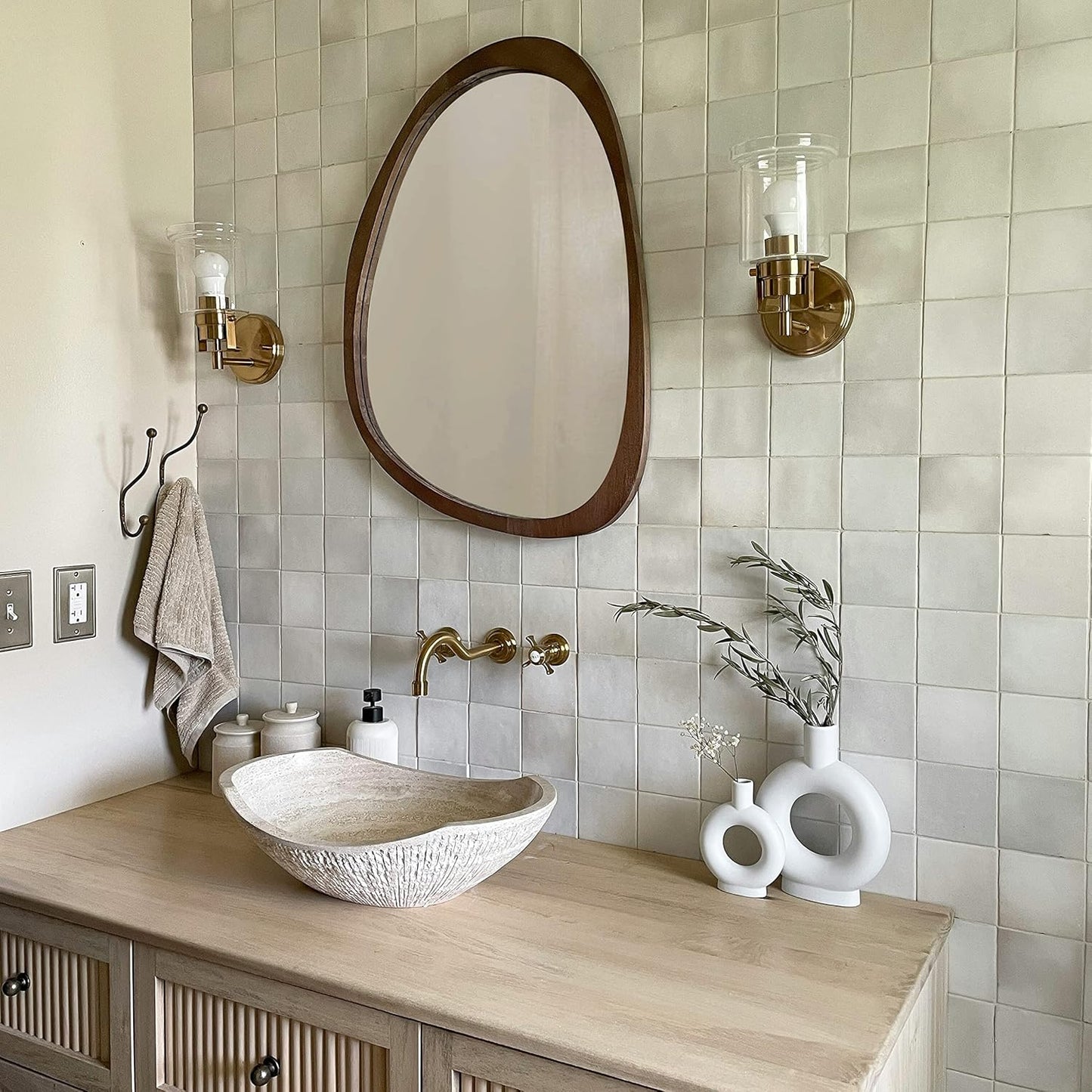 Irregular Wood Frame Boho Mirror - Large Wall Mounted Accent, Asymmetrical, Modern Aesthetic Wall Decor for Bedroom, Entryway, Living Room, Bathroom (Brown)