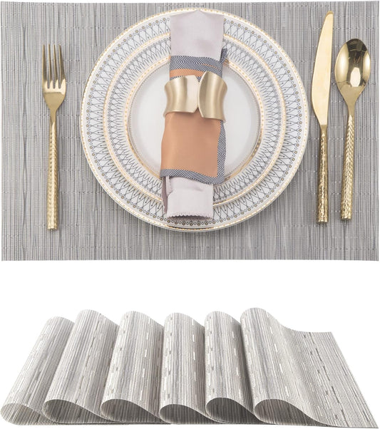 Vinyl Placemats Set of 6 - Easy Clean Modern Durable Washable Place Mats - Heat Resistant Placemats for Kitchen Table - PVC Table Mats for Dining Table (Sliver, 6)
