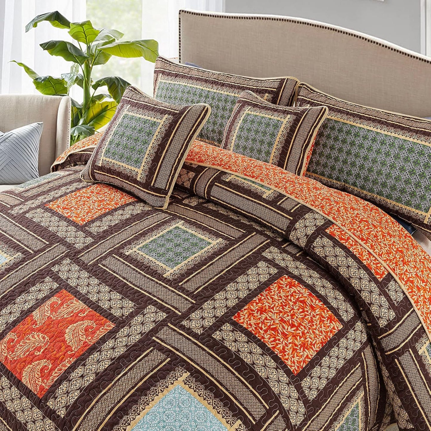 NEWLAKE Cotton Patchwork Bedspread, 3-Piece Bedding Quilt Set with Real Stitched Embroidery, Reversible Matelasse Bed Coverlet Set,Bohemian Farmhouse,Twin Size