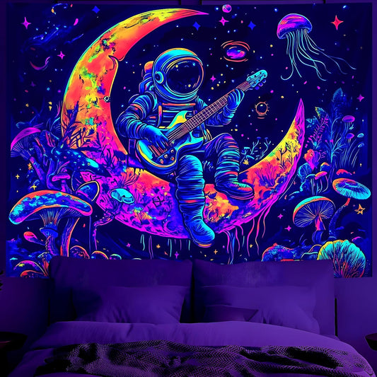 BVBOX Astronaut Space Blacklight Tapestry 79"x59", UV Reactive Astronaut Guitar Moon Universe Galaxy Planet Glow in Dark Music Tapestries, Black Light Neon Upright Poster Wall Hanging Backdrop Decor for Bedroom Living Room