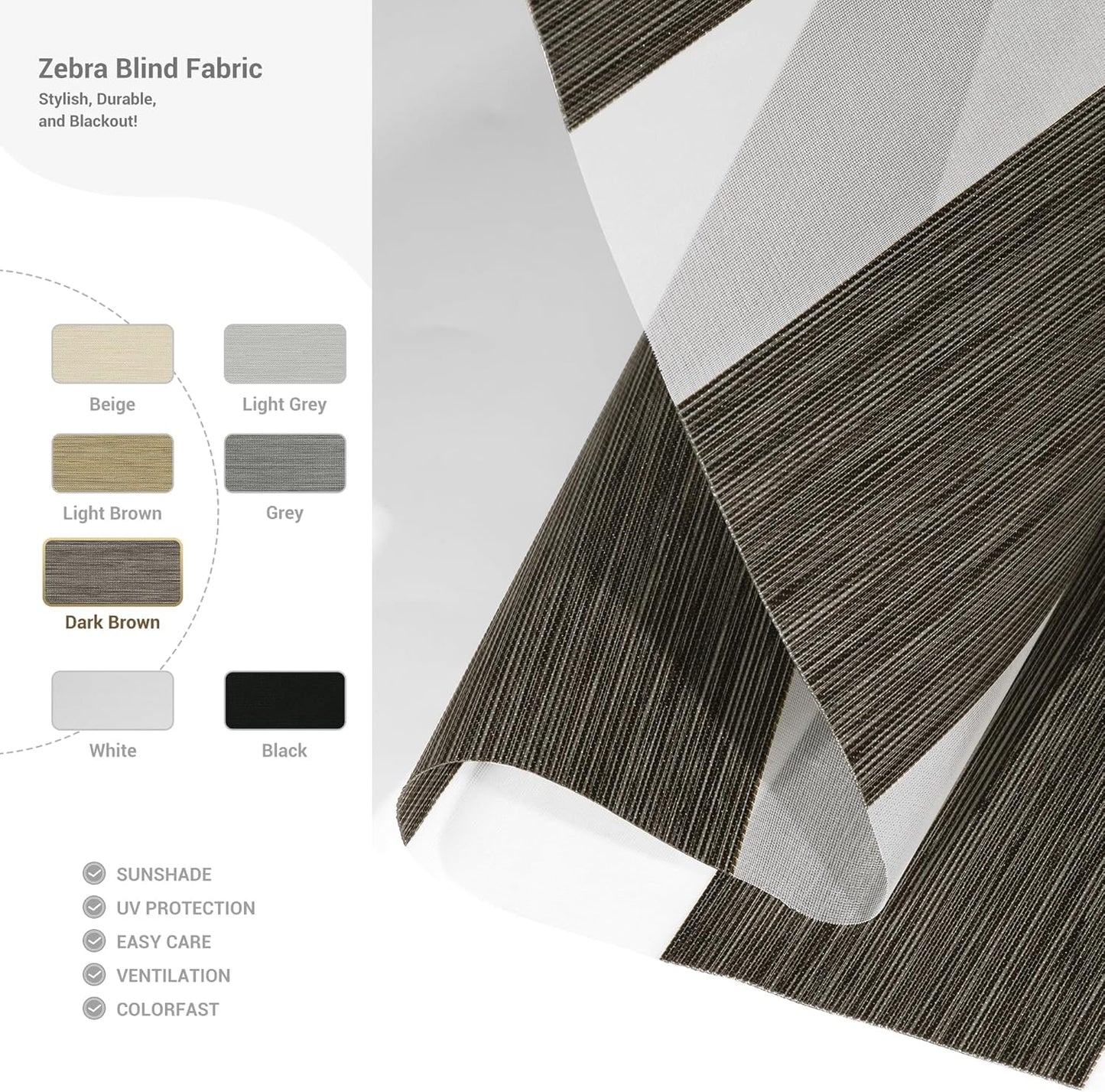Cordless Zebra Blinds for Windows, Blackout Interior Blinds,Easy to Install,UV Protection,for Offices and Home,Custom Roller Shades, Mousse Dark Bown,87" W x 36" H