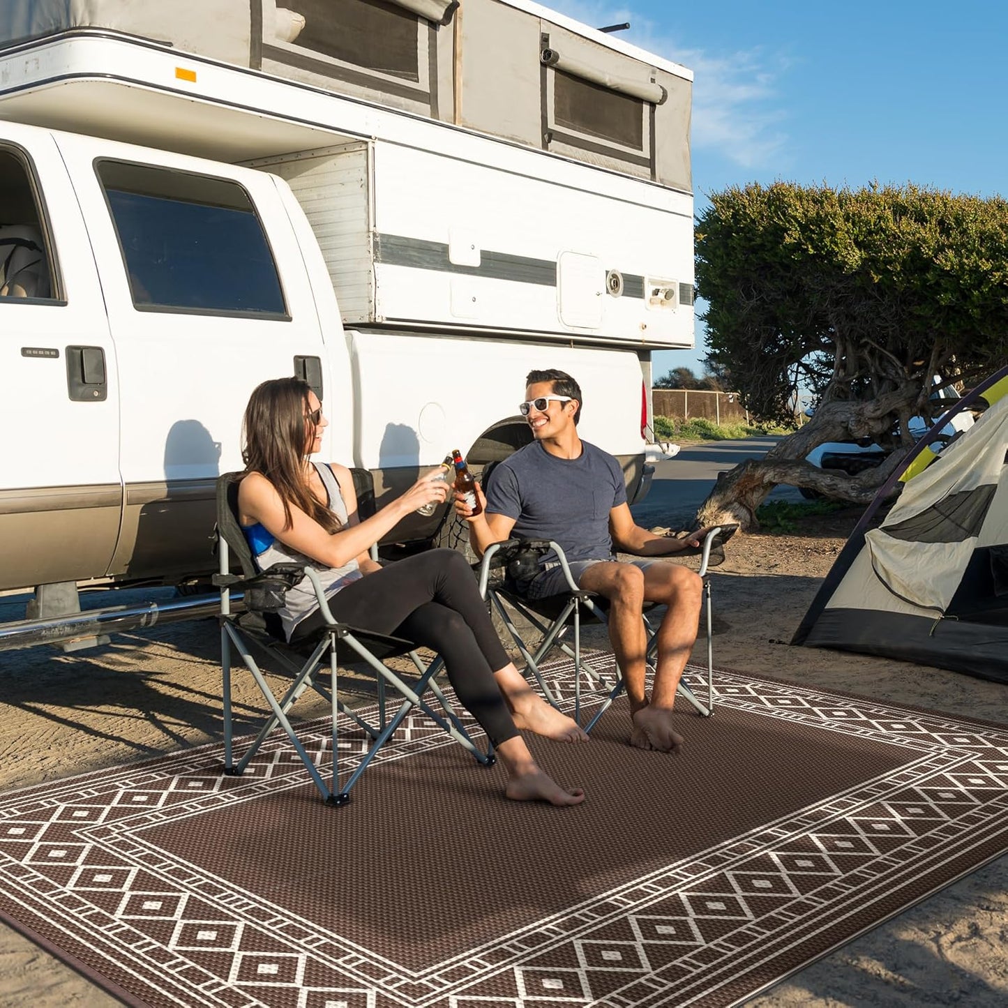 GENIMO Outdoor Rug Waterproof for Patio, 9'x12' Foldable Reversible Plastic Straw Carpet for Travel Trailers, Outside Area Mat for Rv, Deck, Picnic, Porch, Camper, Balcony, Beach, Coffee & Beige