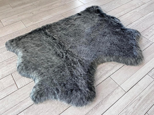 LAMBZY Faux Sheepskin Super Soft Hypoallergenic Free Shape Silky Shag Rug, Luxury Shaggy Plush Carpet for Bedroom Living Kids Room Sofa Rugs (Black with White Tips, Double Side by Side 3'x4')