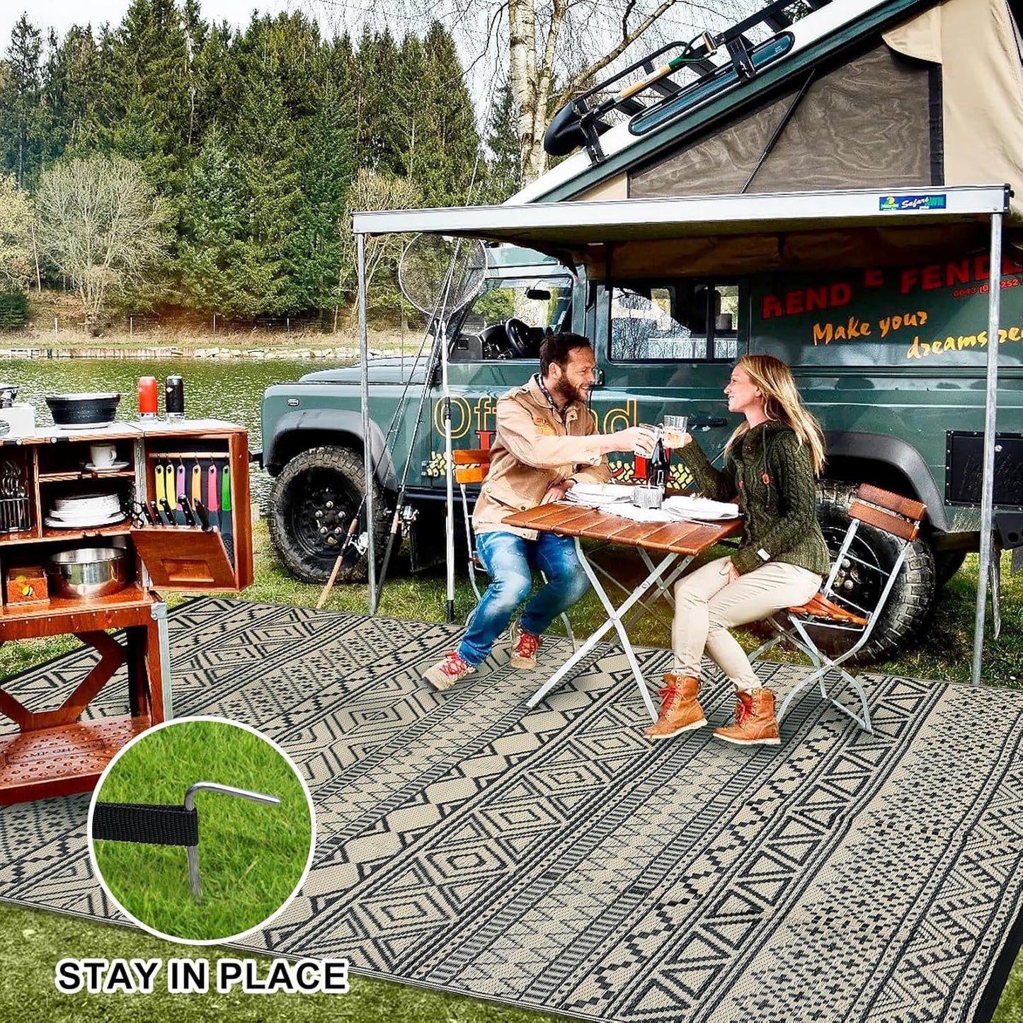 GAOMON Outdoor Rug for Patio 5'x8' Reversible Plastic Rugs Camping Mat for Outdoor, RV, Backyard, Deck, Balcony, Picnic, Beach, Black/Coffee(Bohemia)