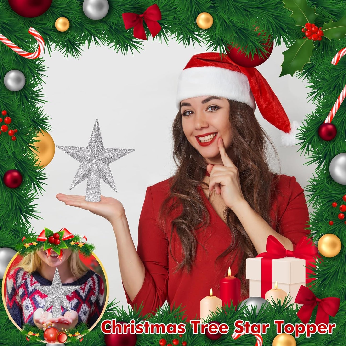 Tree Topper, 6" Silver Christmas Tree Topper with Glitter, 3D Bethlehem Star Xmas Tree Topper Decorations, Waterproof Shatter-Proof Tree Decoration for Christmas Holiday Home Indoor and Outdoor