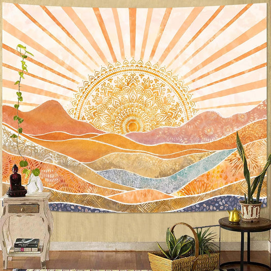 Lunerfex Bohemian Mandala Sunrise Wall Tapestry, Abstract Mountain Scenery Tapestries for Home Decor, Boho Tapestry 90x70 Inch