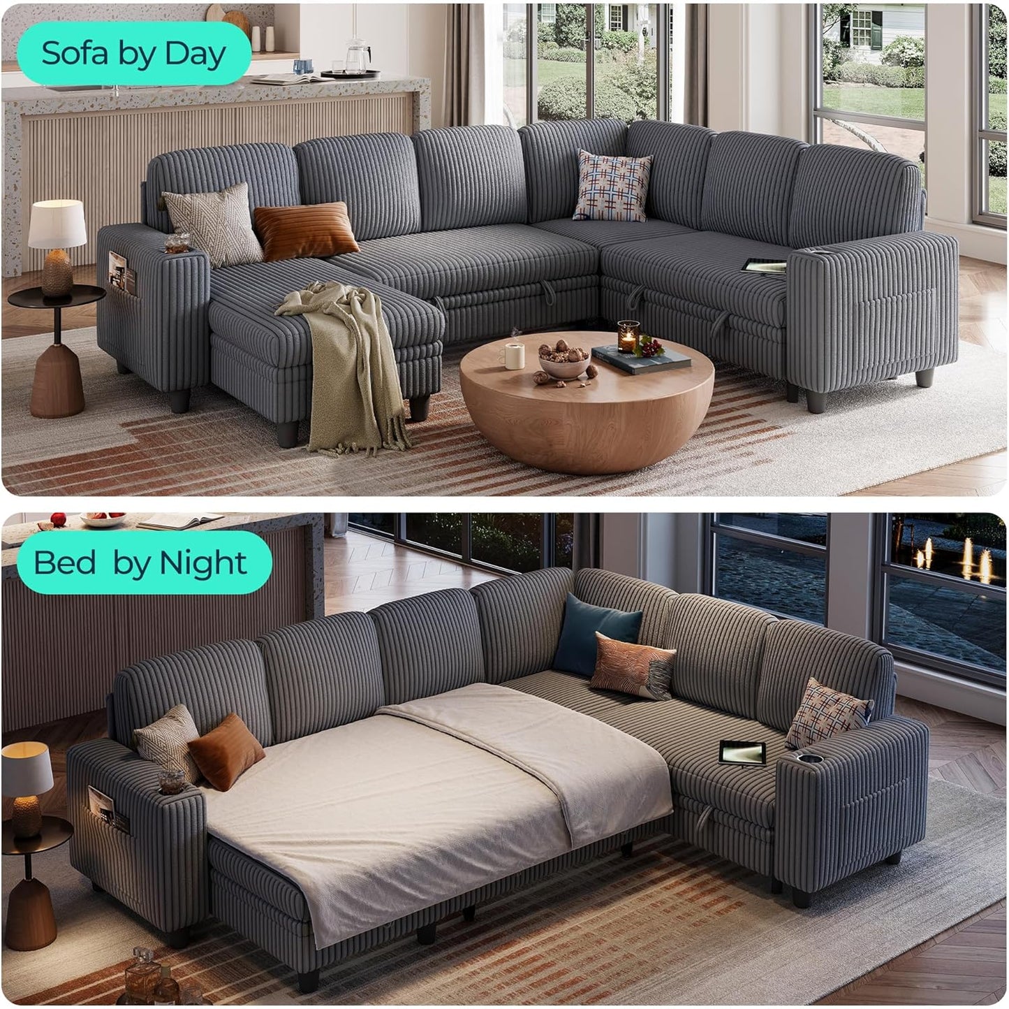 LINSY HOME Sectional Sleeper Sofa with Pull Out Couch Bed - Convertible Plush Corduroy Cloud Couch with Storage Chaise & USB Charging, Comfy Modular Couches for Living Room, Grey
