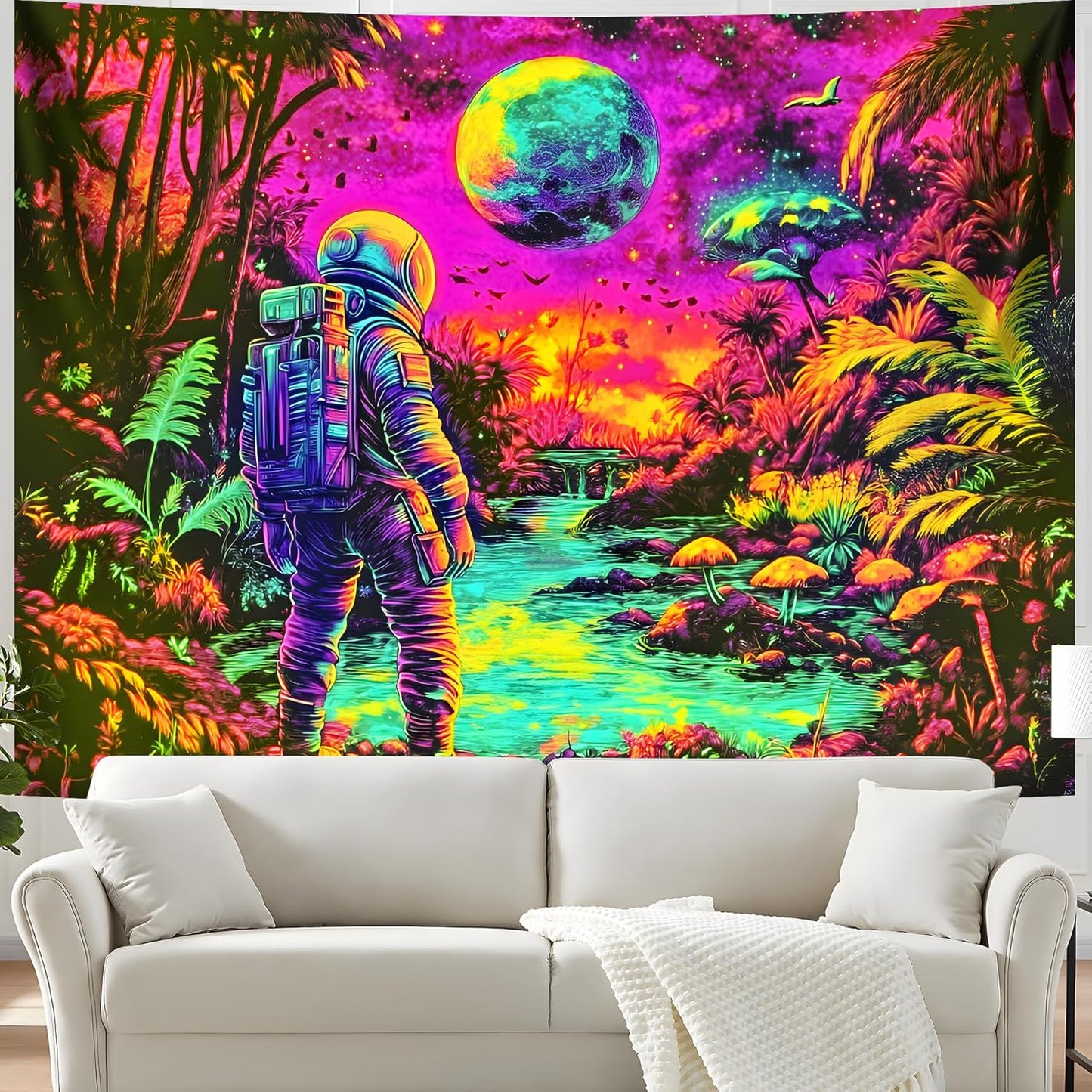 BVBOX Astronaut Space Blacklight Tapestry 79"x59", UV Reactive Astronaut Tropical Rainforest Universe Galaxy Planet Glow in Dark Tapestries, Black Light Neon Upright Poster Wall Hanging Backdrop Decor for Bedroom Living Room