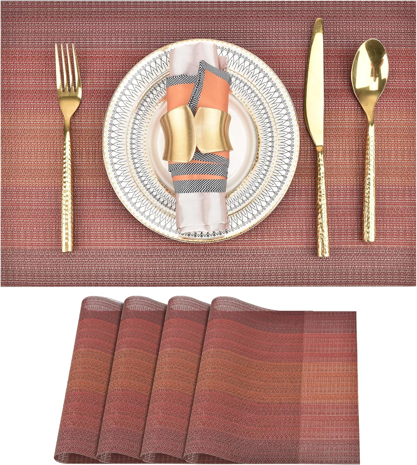 Placemats Set of 4 - Easy Clean Washable Vinyl Placemats - Wipeable Heat Resistant Table Mats for Dining Table - 17.7x11.8 Inch (4, Red Gradient)