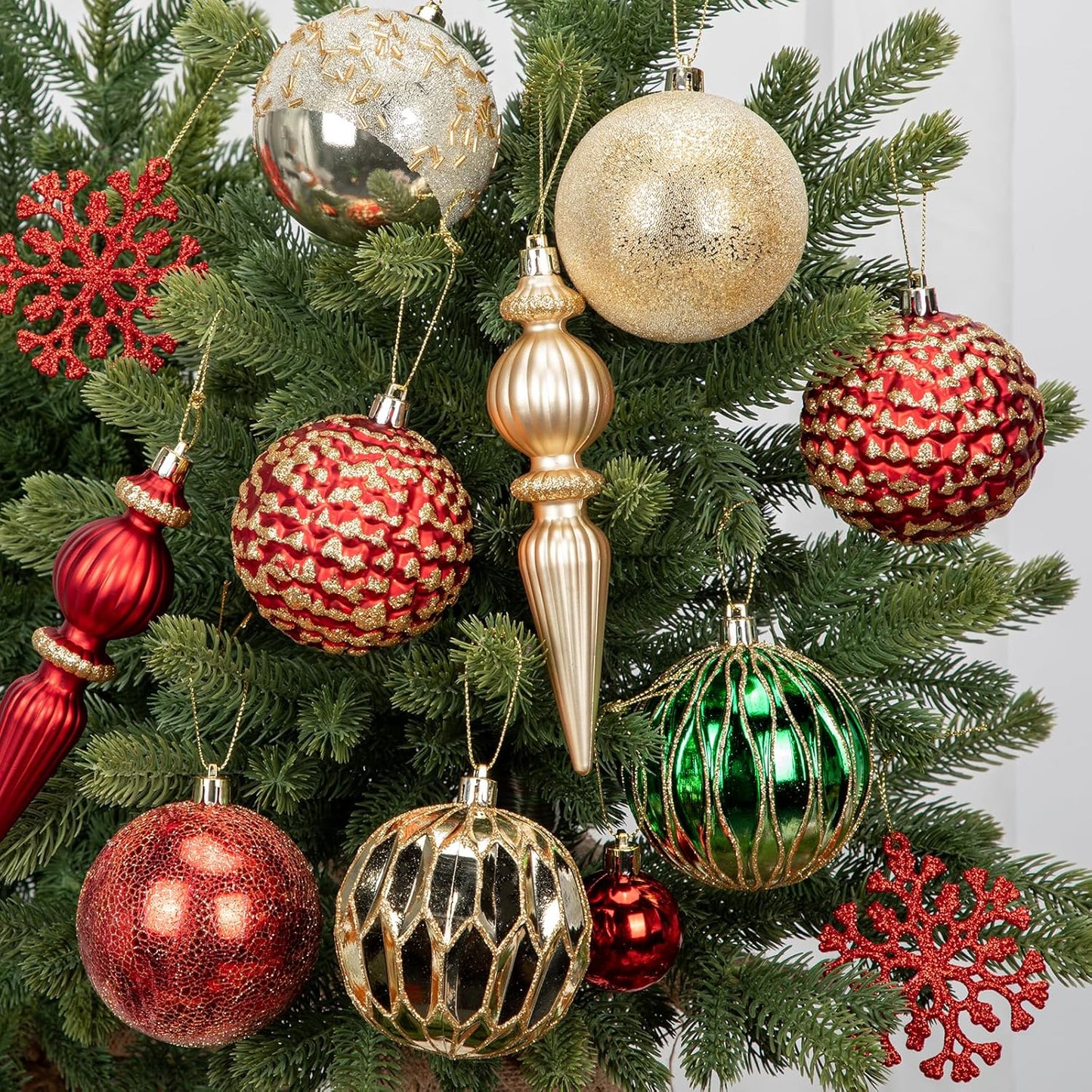 92ct Christmas Tree Decoration Set - Shatterproof Christmas Baubles with Strings for Wreath, Garland & Party Decoration, Red-Green