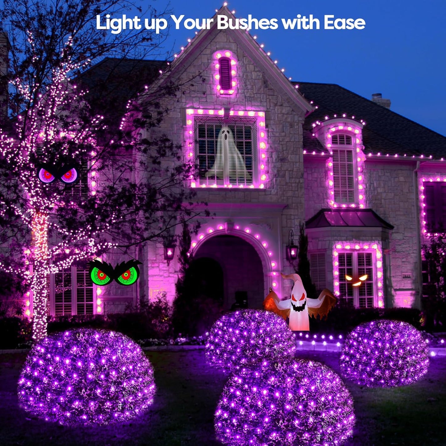 WBao Halloween Lights Outdoor 200LED 8.4ft x 5.2ft Purple Net Lights with 8 Modes, Timer, UL Certified, Connectable, Waterproof & Dark Green Wire for Lawn, Bushes, Trees, Outdoor Halloween Decorations