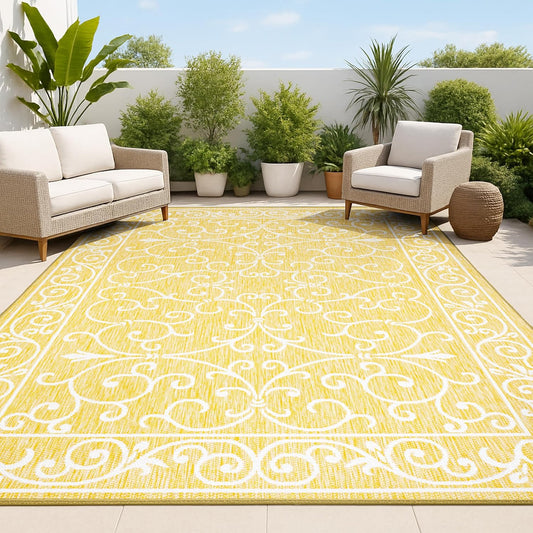 JONATHAN Y Vintage Filigree Indoor Outdoor Area Rug 9X12 Yellow/Cream, Charleston Textured Weave for Backyard, Patio, Porch, Easy-Cleaning, High Traffic, Pet-Friendly, Non-Shedding (SMB106L-9)
