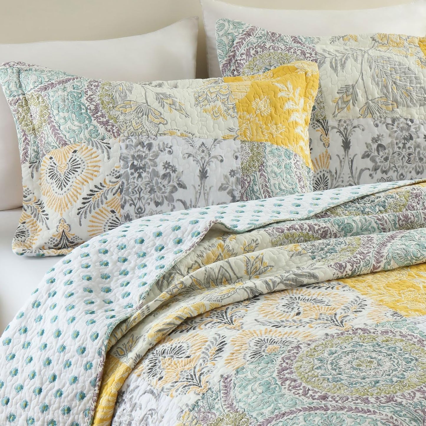 Secgo Queen Comforter Set for Bed - 100% Cotton Quilts Queen Size, Black Bedspreads (90 * 98 Inch) with 2 Pillow Shams, Patchwork Reversible Lightweight Bedding