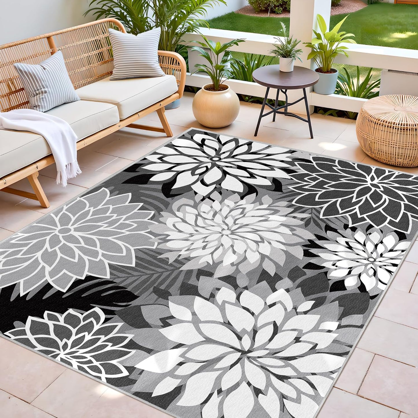 Indoor Outdoor Area Rug Washable Multicolored Rug Tropical Botanical Modern Floral Indoor Outdoor Carpet Black White Rug Non Slip Non Shedding for Patio, Deck, Backyard, Porch (9x12)