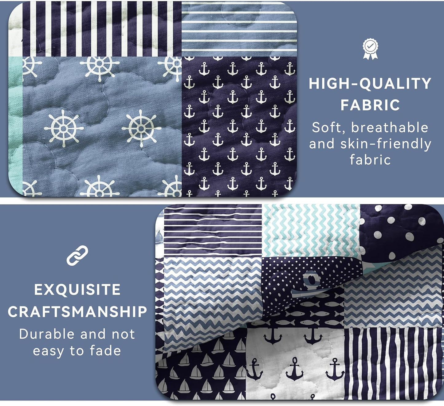 Nautical Bedding King Size Coastal Quilt with 2 Shams, Coastal Beach Comforter Sets Ocean Bedspreads Blue Seaturtle Coverlet Summer Bedding, 96''x106''