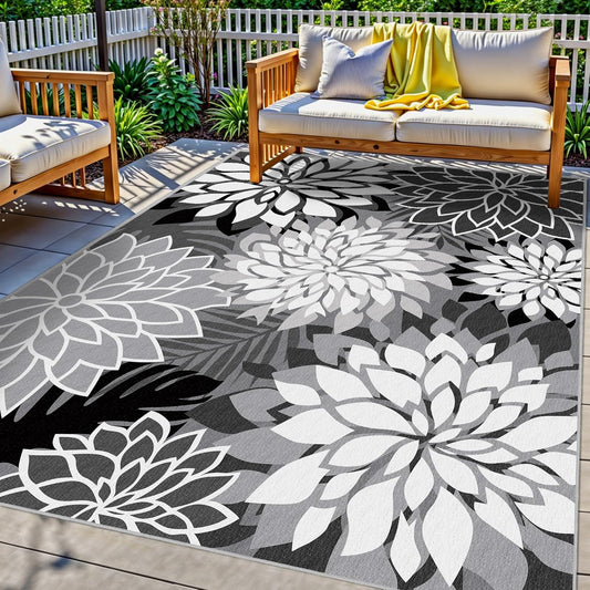 Indoor Outdoor Area Rug Washable Multicolored Rug Tropical Botanical Modern Floral Indoor Outdoor Carpet Black White Rug Non Slip Non Shedding for Patio, Deck, Backyard, Porch (6x9)