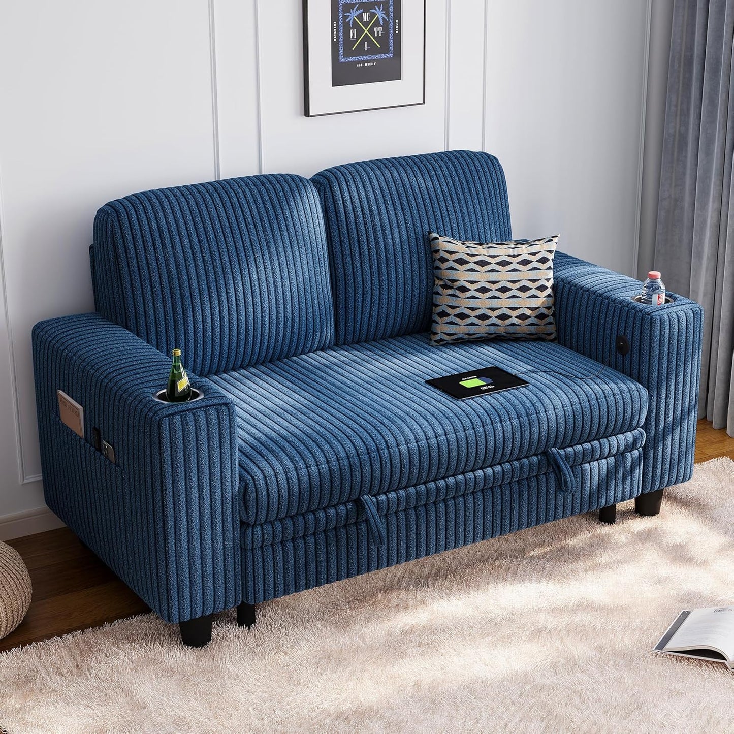 LINSY HOME Loveseat Sofa with Storage - Comfy Plush Corduroy 2 Seater Sofa with USB Charging & Cup Holders, Deep Seat Love Seat for Small Spaces Living Room Bedroom Apartment, Blue