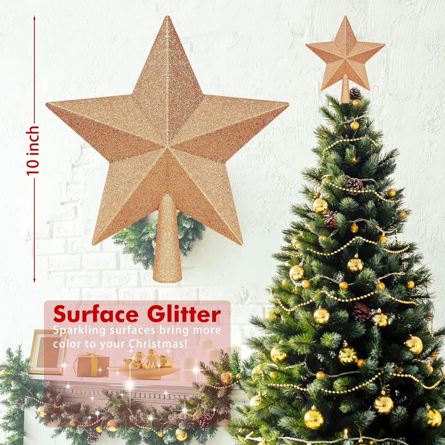 Tree Toppers Christmas Decorations, 10" Champagne Christmas Tree Star Topper, Hard Star Tree Topper Christmas Decorations Glitter Xmas Ornament for Holiday Home Xmas Party Decor Gathering Ornament