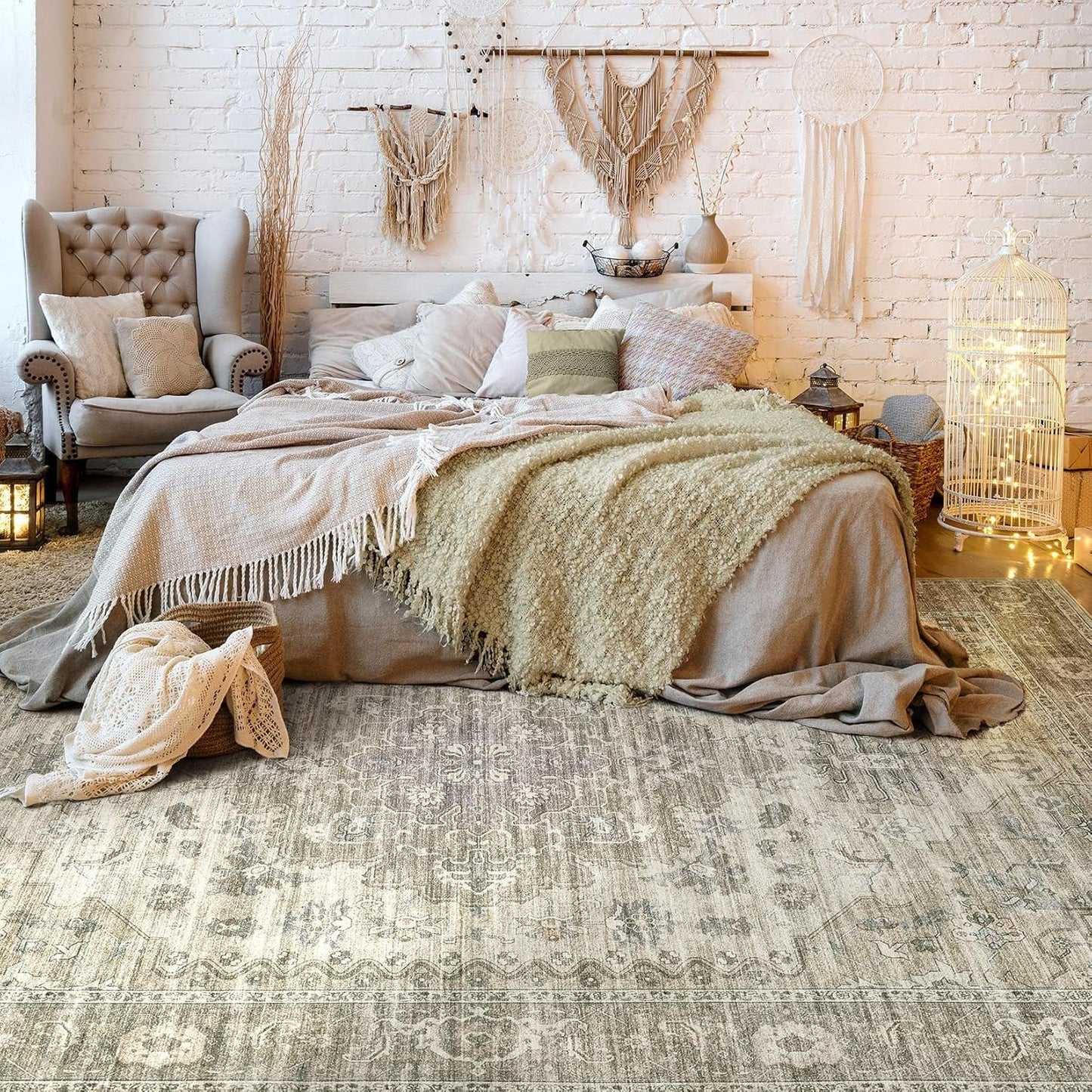 Washable Area Rugs for Living Room - 7x9 Neutral Vintage Distressed Floral Farmhouse Boho Large Soft Floor Rug Indoor Non Slip Carpet for Living Room Bedroom Dining Room Office - Brown/Tan