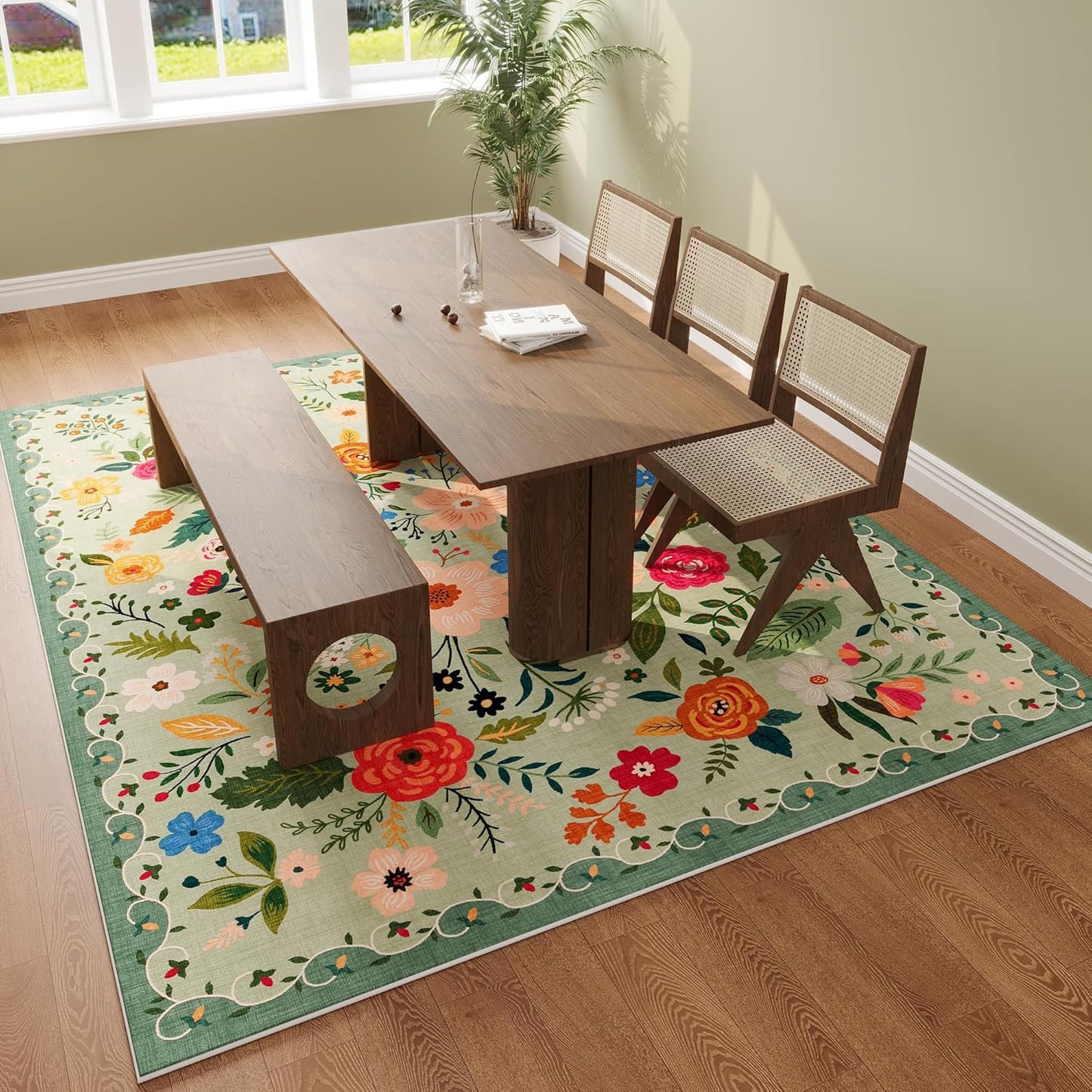 Living Room Rug 6x9 Rug Machine Washable Boho Area Rug Non Slip Floral Vintage Low Pile Large Rug for Living Room, Bedroom, Farmhouse, Dining Room, Kids Playroom(Green)