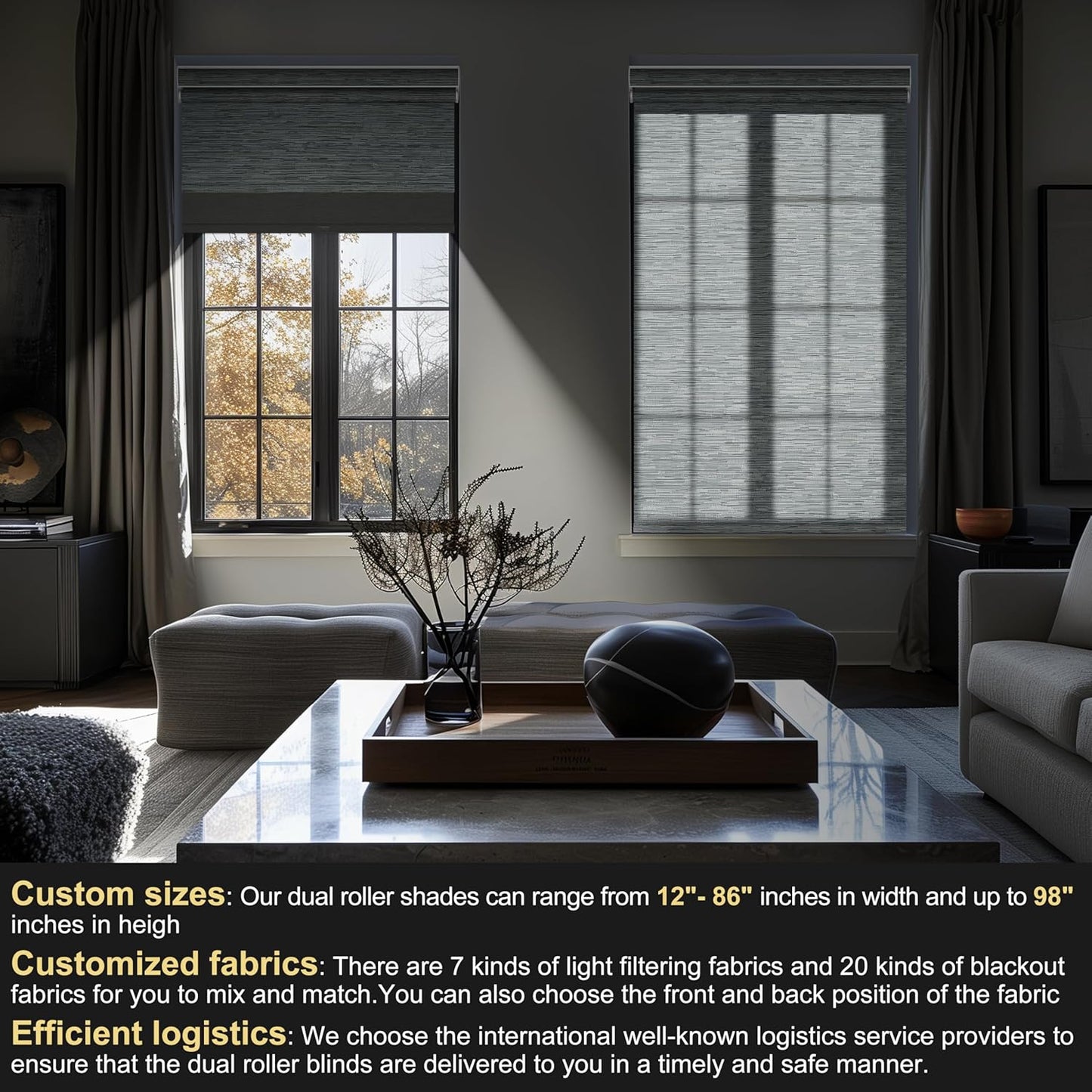 BERISSA Cordless Dual Roller Shades with Cassette Valance,Double Window Shades Blackout and Light Filtering Shades,Day and Night Roller Shades for Home Office Door.Striped Jacquard Grey.46 W x 48" H