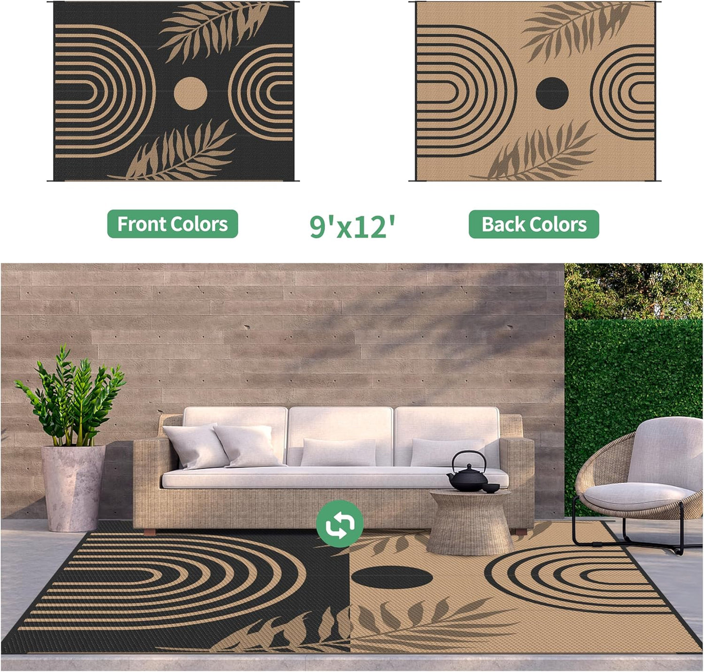 GENIMO Outdoor Rug 9' x 12' Waterproof for Patio Clearance, Reversible Lightweight Plastic Straw Camping Carpet, Large Area Rugs Mats for Rv, Backyard, Deck, Porch, Picnic, Balcony, Mix-Black & Brown