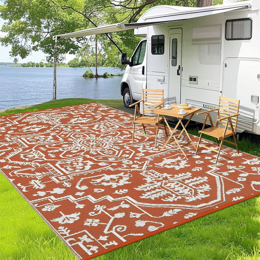 Outdoor Rug 9x12 Waterproof Reversible Plastic Straw Patio Rug, Stain-Resistant Vintage Medallion Carpet, Large Easy-Cleaning Indoor Outdoor RV Mat for Deck, Camping, Balcony, Terracotta Brick/White