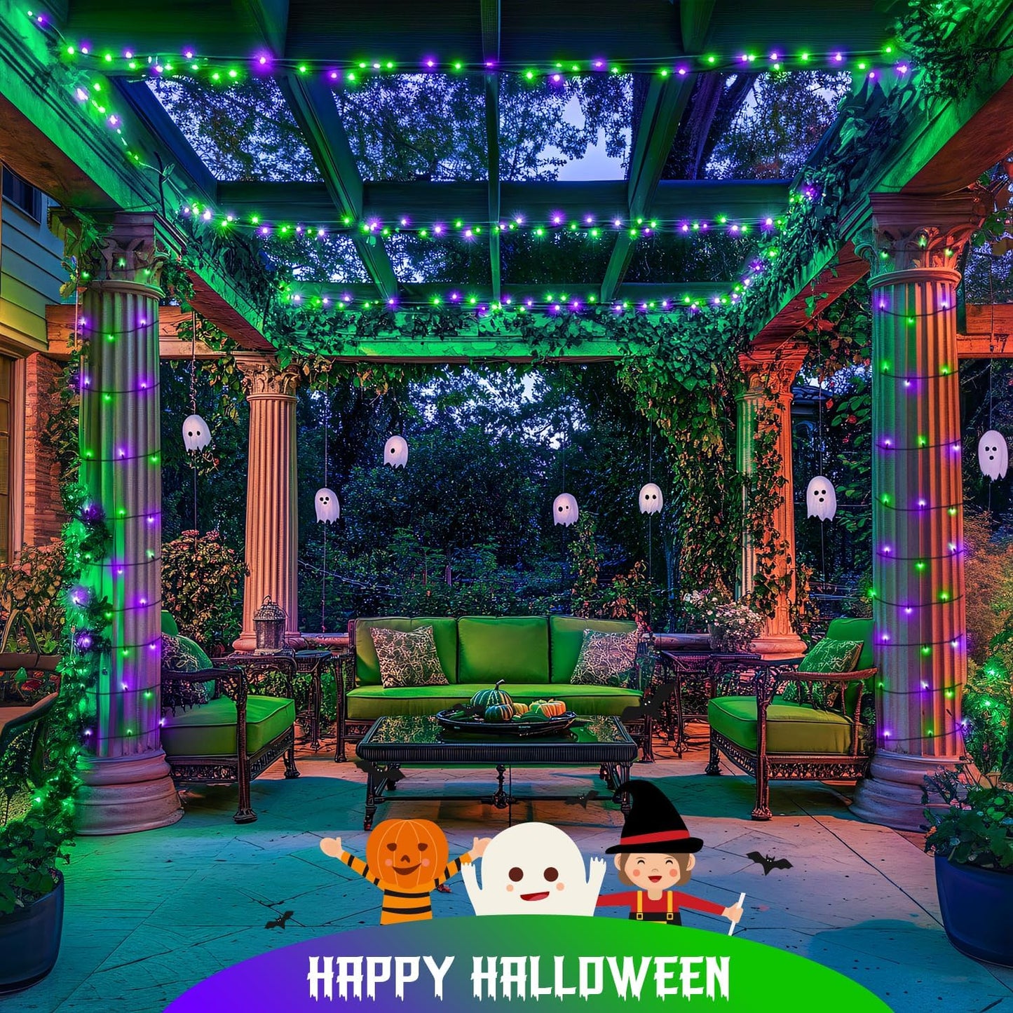 JMEXSUSS 2 Pack Purple and Green Halloween Lights, Total 400 LED 151FT Solar Halloween Lights Outdoor Waterproof, 8 Modes Solar Christmas String Light for Outside Tree Patio Decorations