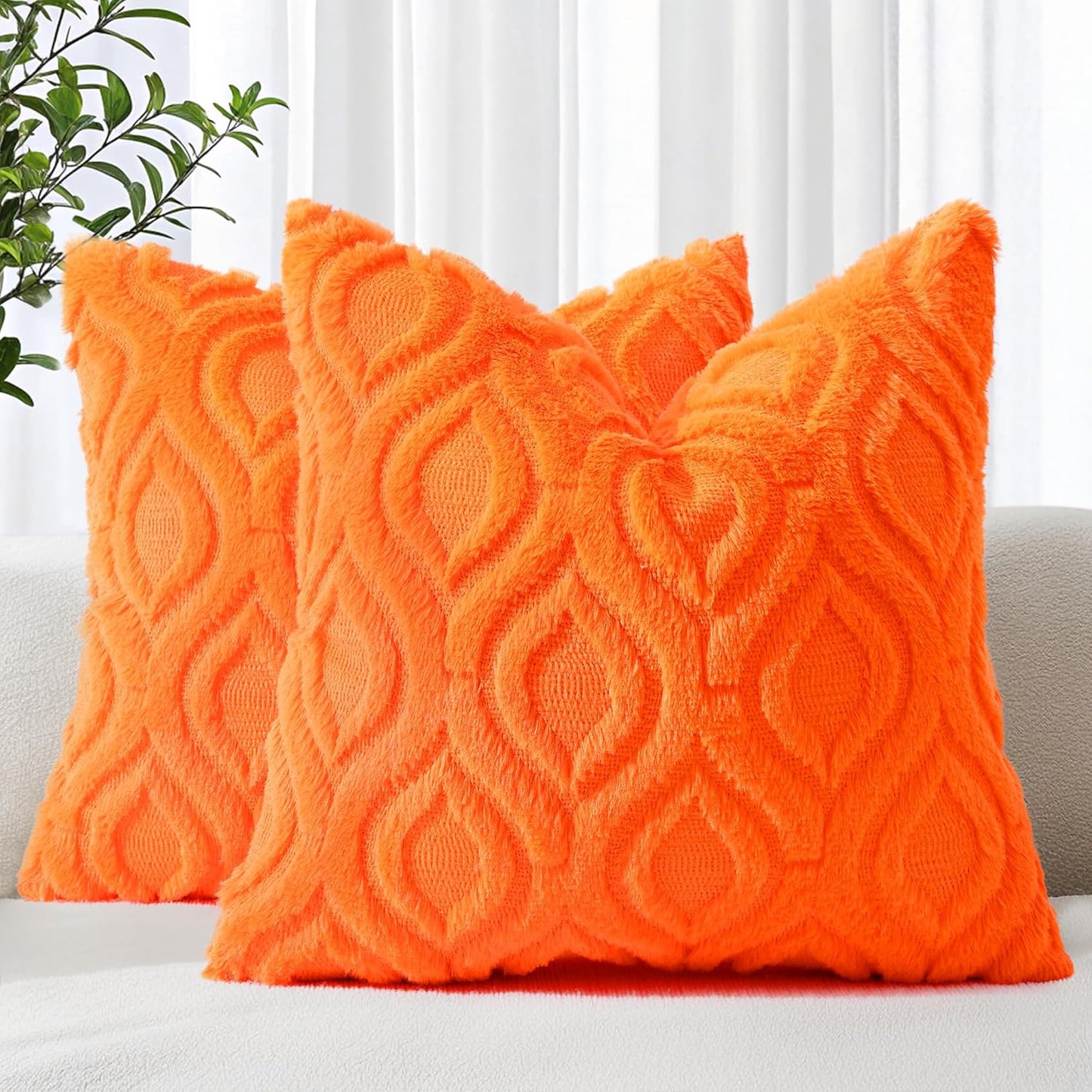 decorUhome Fall Throw Pillow Covers 22x22 Inch Set of 2, Soft Plush Decorative Faux Fur Orange Solid Couch Pillow Covers, Accent Farmhouse Neutral Square Euro Pillow Cases for Sofa Bed Living Room