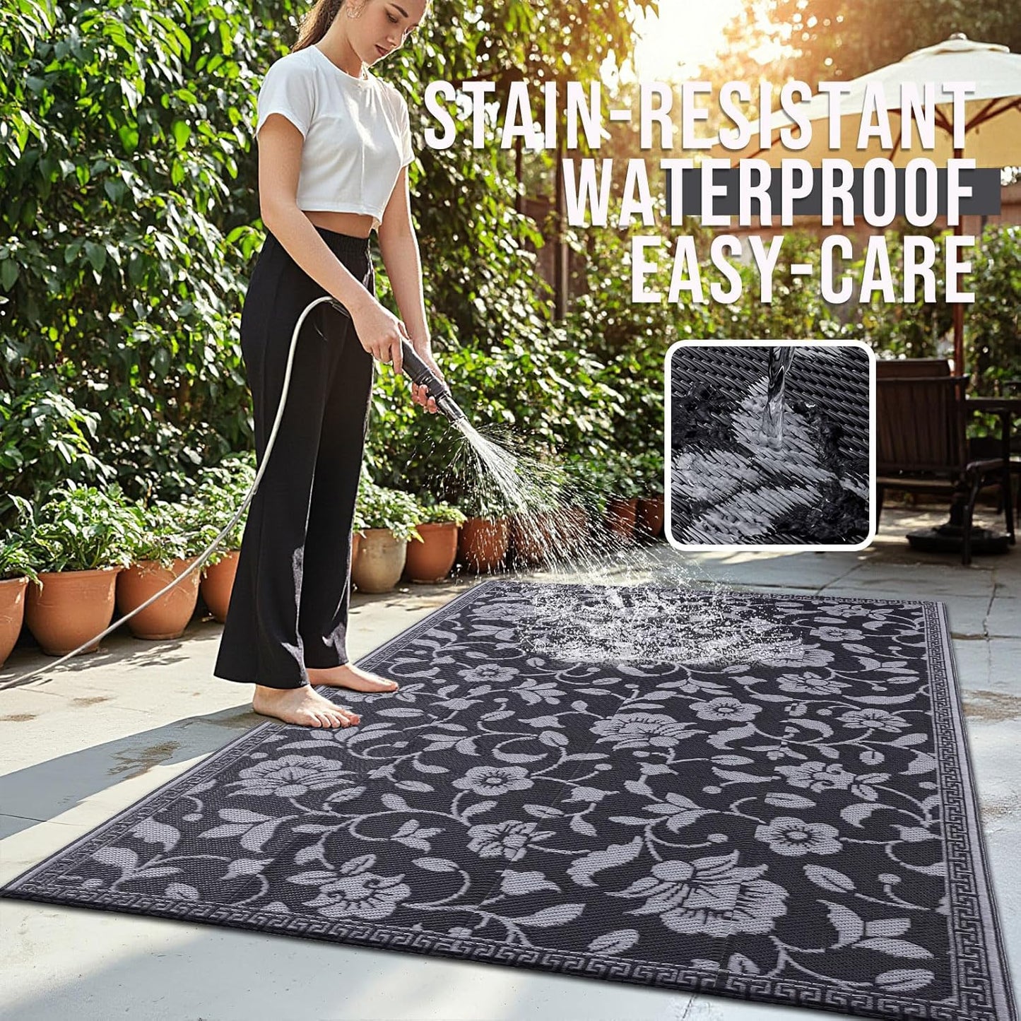 OLANLY Waterproof Outdoor Rug 5x8 ft, Outdoor Plastic Straw Rug with Flower Pattern, Reversible RV Mat for Patio, Camping, Balcony, Deck, Backyard, Black & Grey