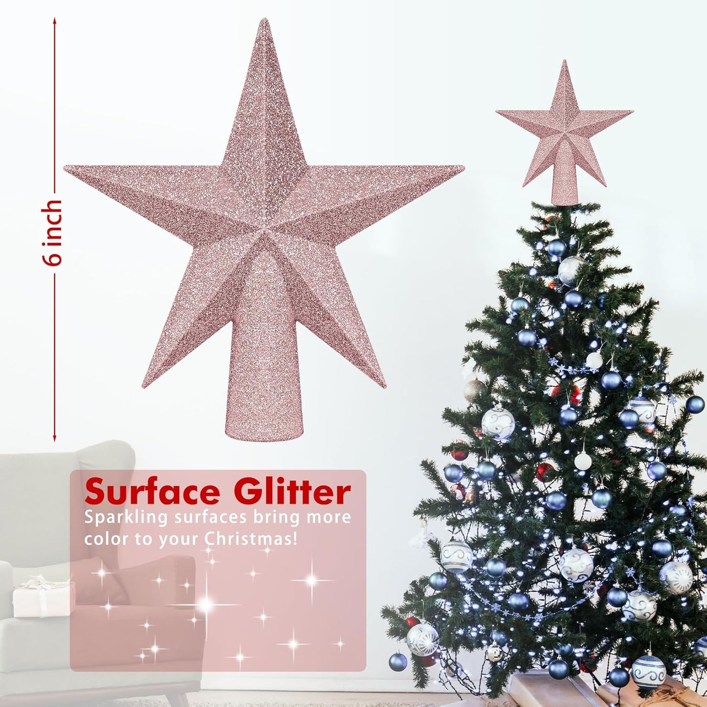 Tree Topper Star, 6" Rose Gold Christmas Star Tree Topper Accessories, Xmas Glitter 3D Bethlehem Tree Topper Ornament, Waterproof Holiday Christmas Tree Topper Star Decor for Home Indoor Outdoor