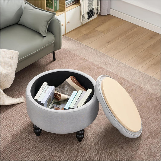Fabric Round Ottoman with Storage, Upholstered Tufted Storage Footstool, Modern Wooden Coffee Table for Living Room, Bedroom,Light Grey