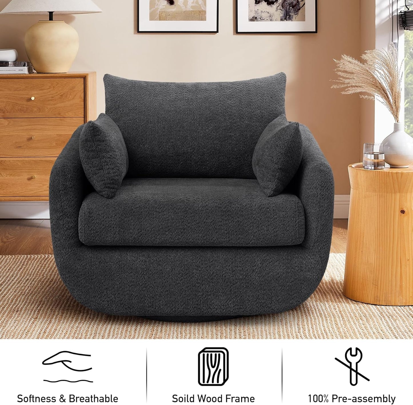 360° Swivel Accent Armchair, 39.3" Oversized, Sherpa Boucle Fabric Sofa Chair with Removable Back & Arm Pillows, Swivel Chair with Cozy Soft Padded, No Assembly Required (1, Dark Gray)