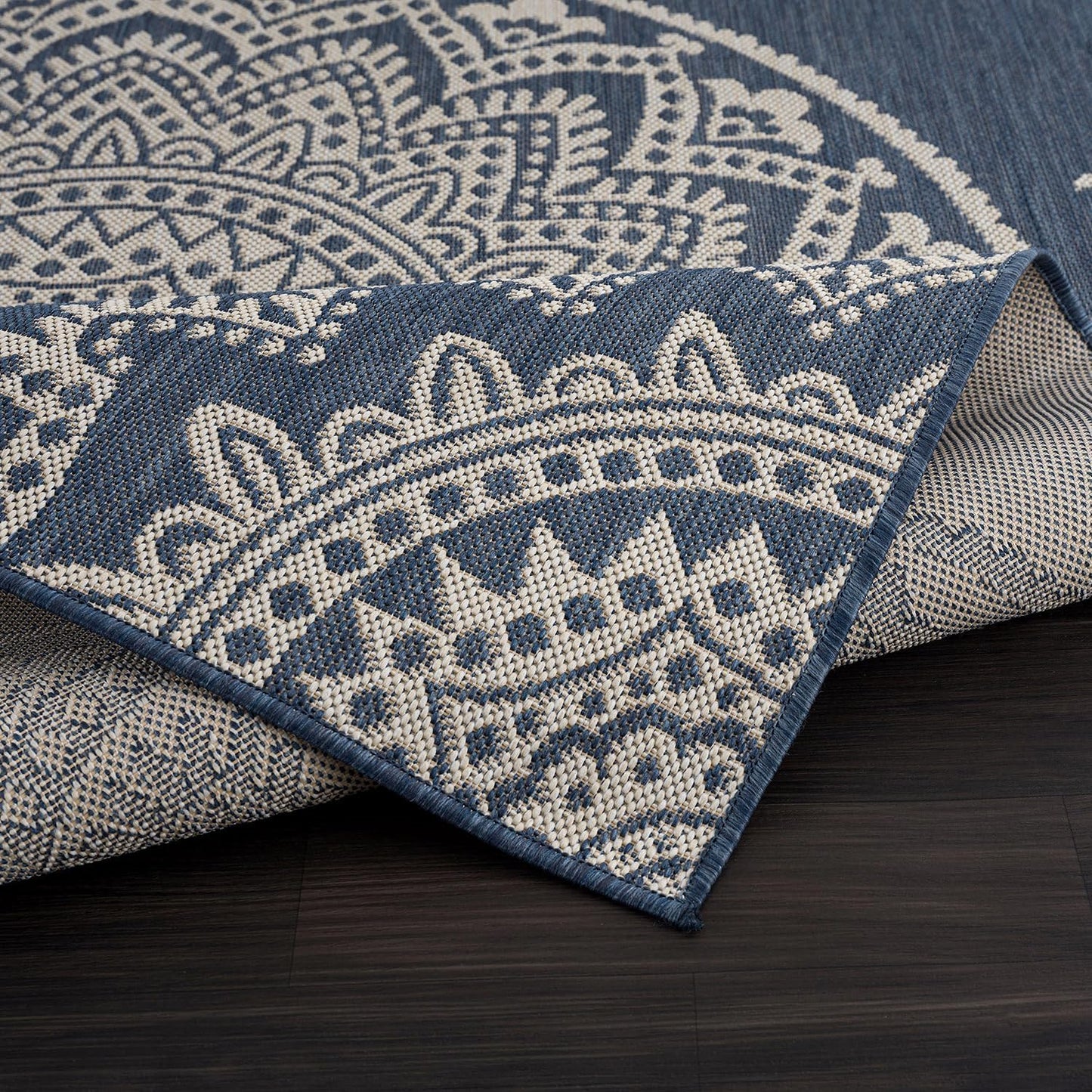 CAMILSON Outdoor Rug 10x14 Modern Area Rugs for Large Indoor and Outdoor Patios and Porches - Waterproof Washable Non-Shedding Easy-to-Clean Outside Carpet (10 x 14, Medallion - Blue/White)