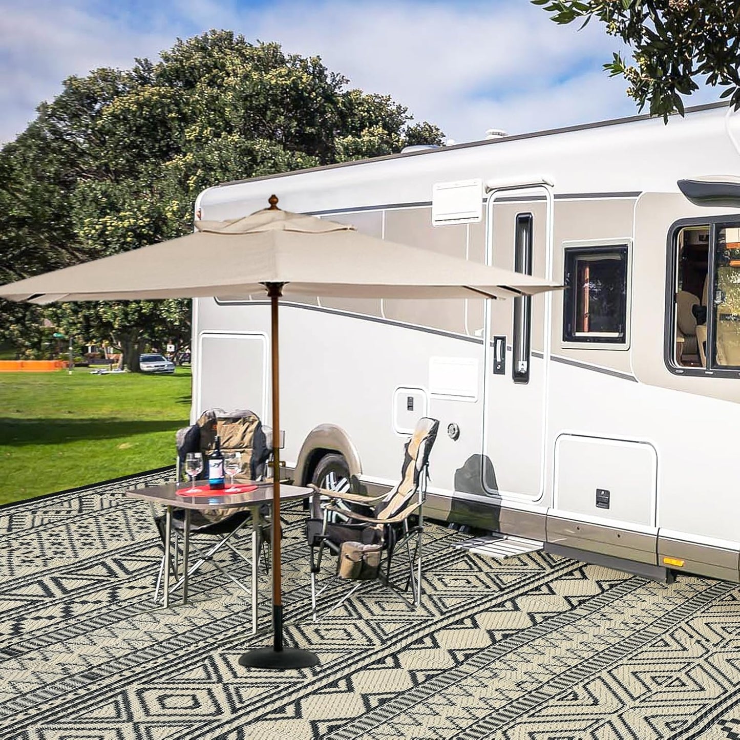 GAOMON Outdoor Rug 9'x12' Waterproof Rug for Patio Decor, Foldable Reversible Plastic Straw Area Rugs Mat for Camper, Outside Carpet for Deck, Porch, Picnic, Beach, Black/Coffee(Bohemia)