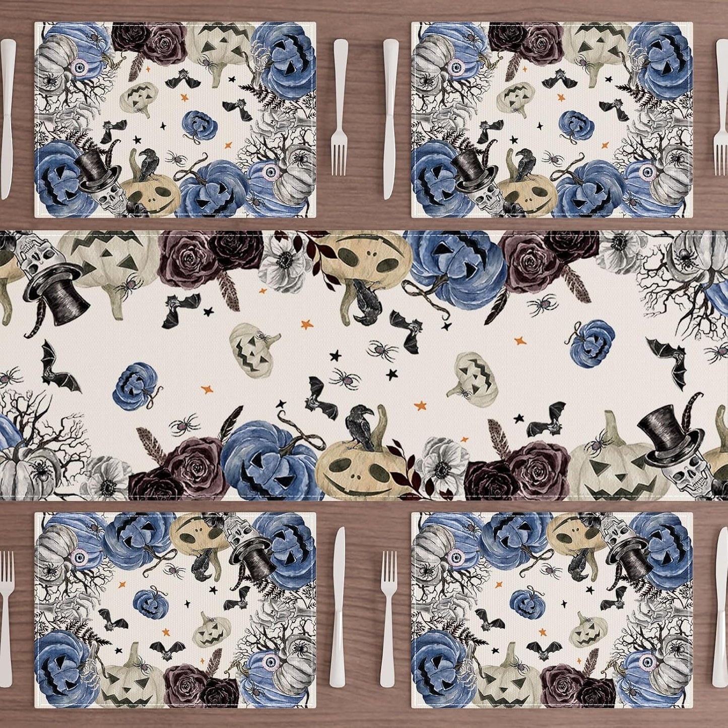 XCHI Spooky Blue Pumpkin Halloween Placemats Set of 4 Table Mats for Party Home Kitchen Dining Table Decorations 12x18 Inch