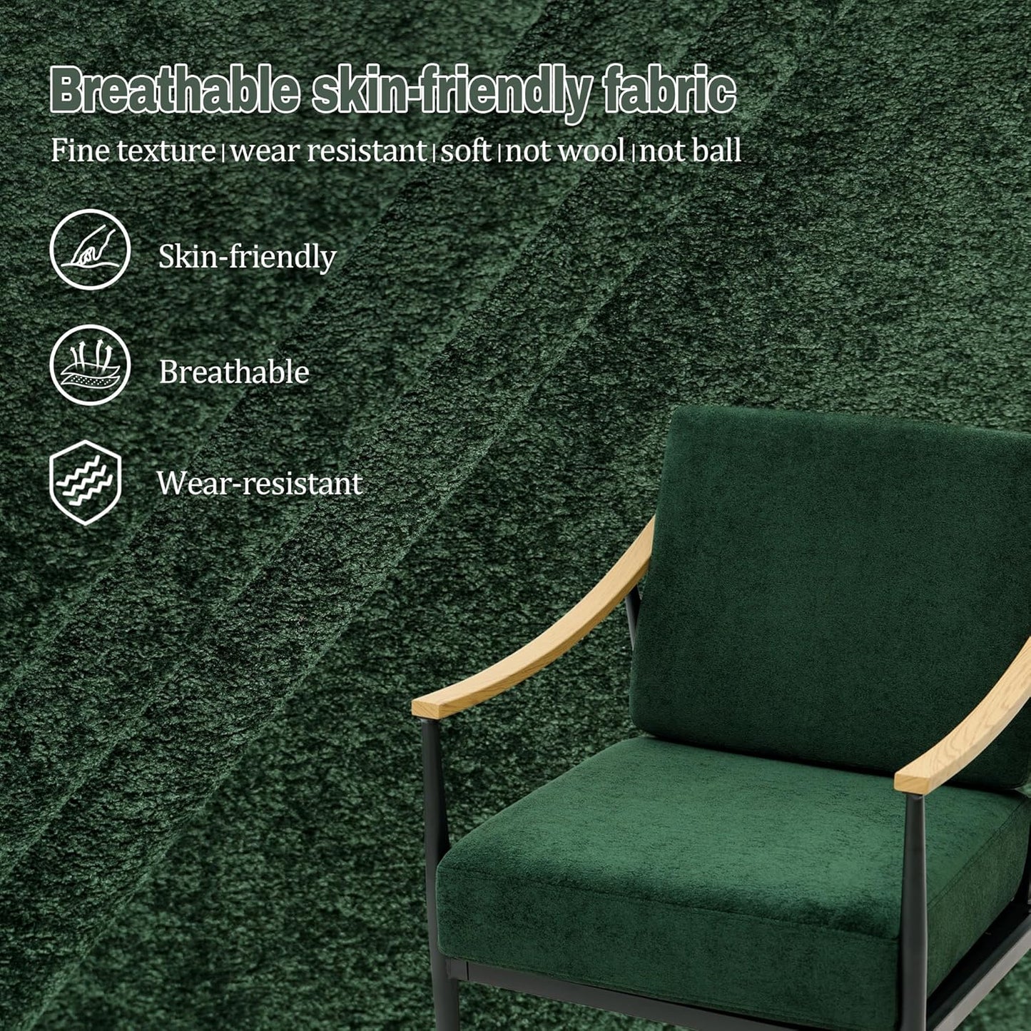 Modern Accent Chairs Set of 2 for Living Room Bedroom Mid Century Arm Chairs Upholstered Office Accent Chairs Comfy Waiting Room Chairs with Metal Frame, Green