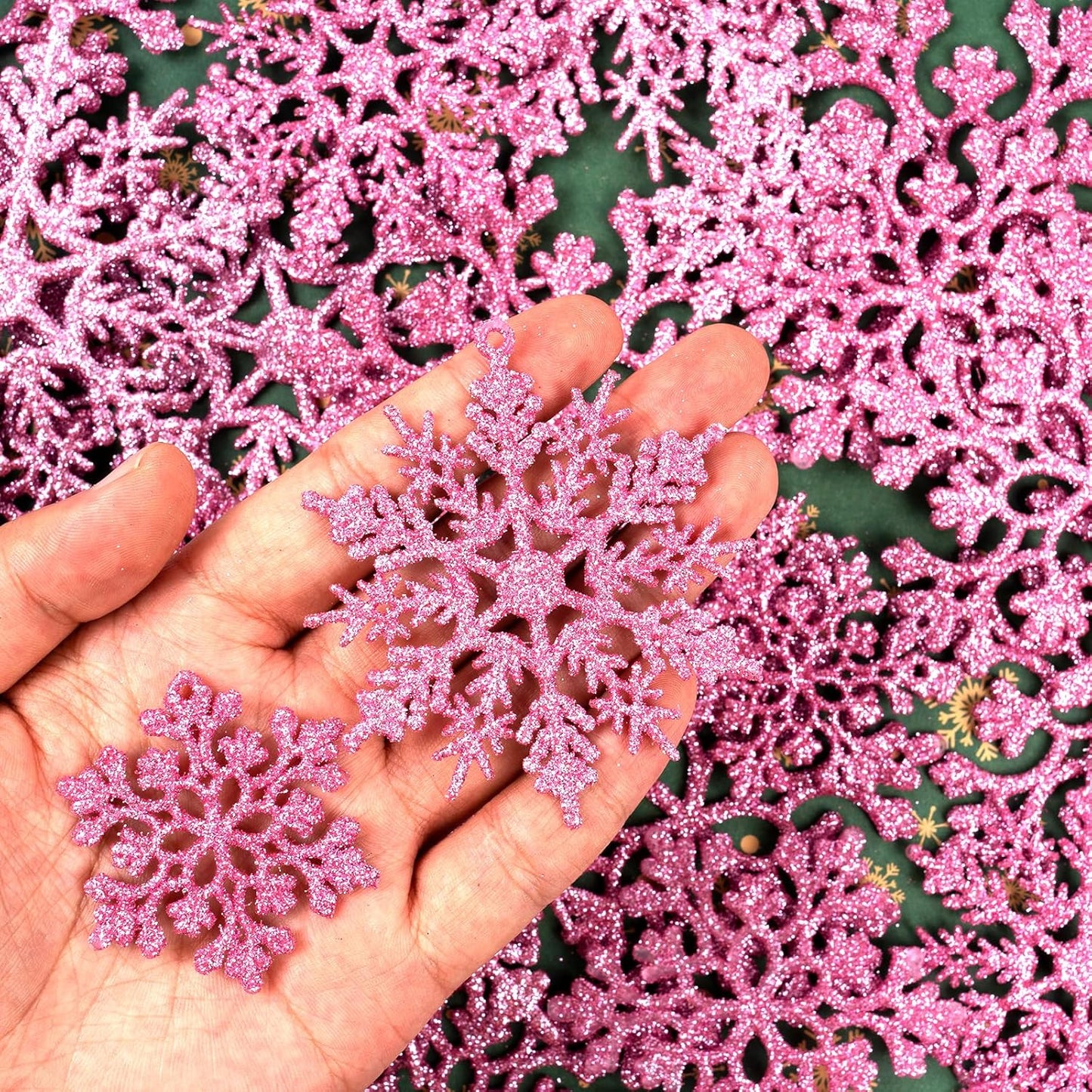 36pcs Christmas Light Pink Snowflake Ornaments Plastic Glitter Snow Flakes Ornaments for Winter Christmas Tree Decorations Size Varies Craft Snowflakes