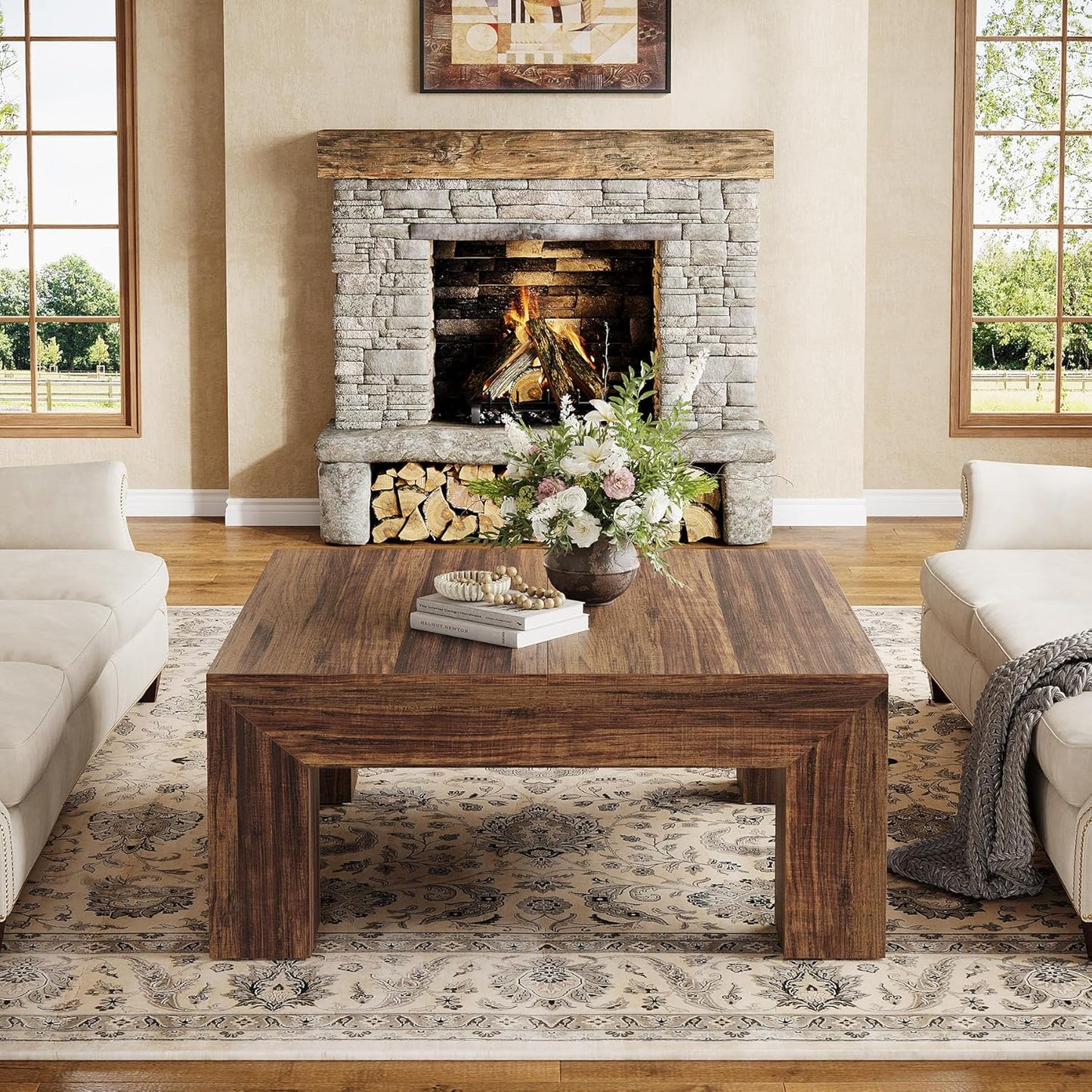 Tribesigns 39.4-Inch Square Coffee Table for Living Room, Farmhouse All MDF Accent Center Cocktail Table with Sturdy Wooden Legs, Easy Assembly, Dark Brown